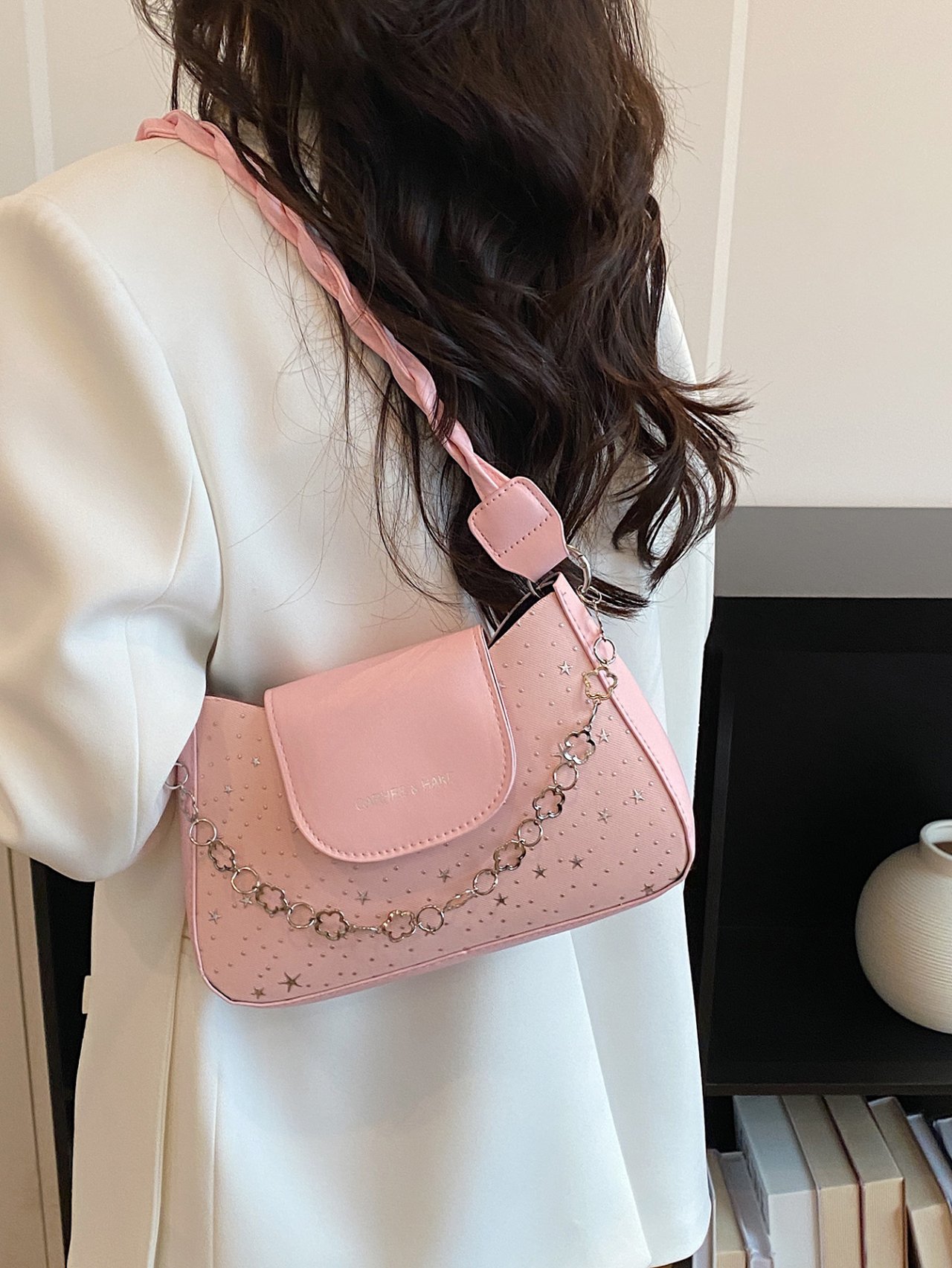 Pink Star-Patterned Shoulder Bag with Braided Handle