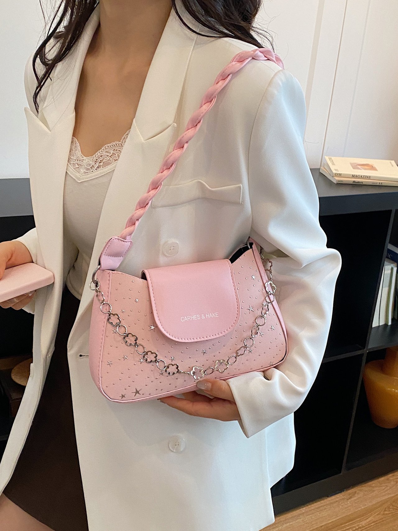 Pink Star-Patterned Shoulder Bag with Braided Handle