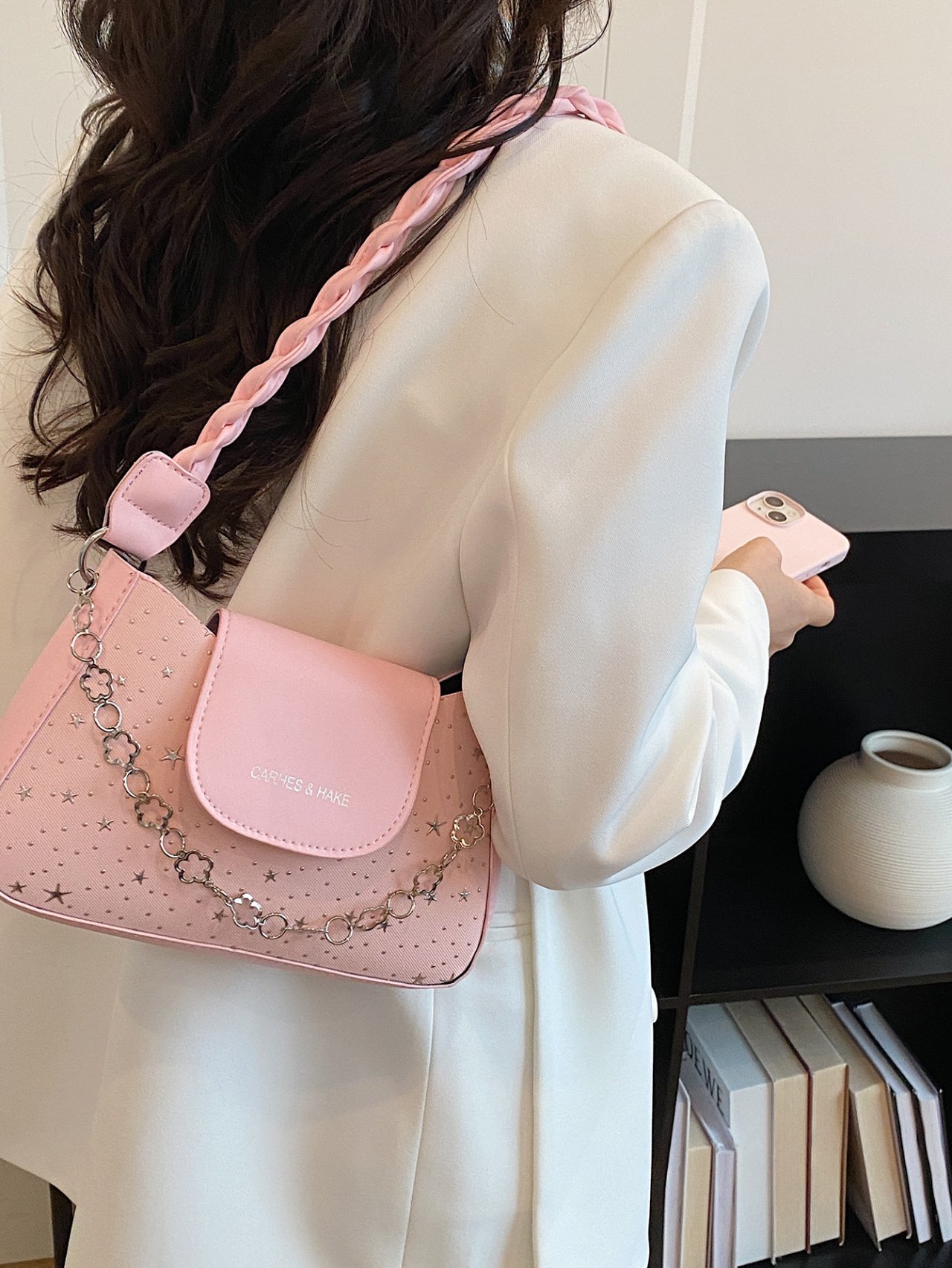 Pink Star-Patterned Shoulder Bag with Braided Handle