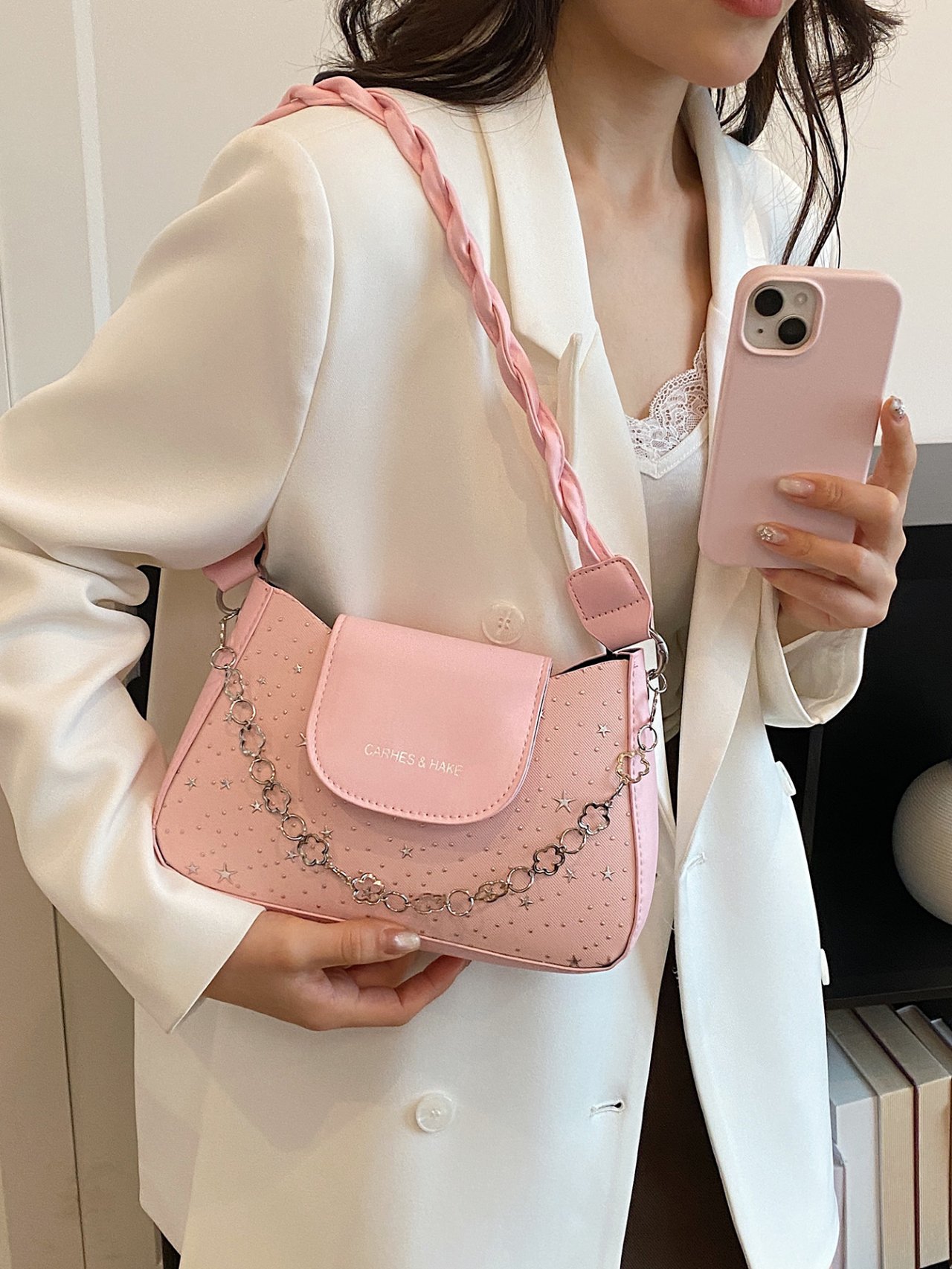 Pink Star-Patterned Shoulder Bag with Braided Handle