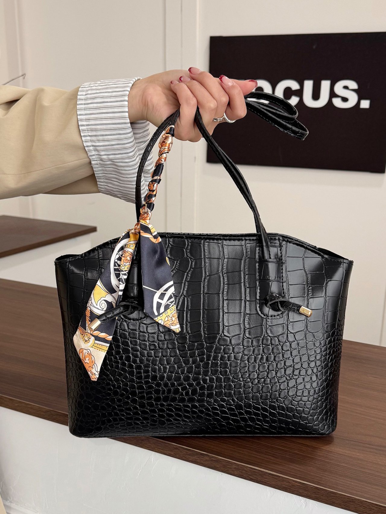 Black Croc-Embossed Tote Bag with Scarf Accent