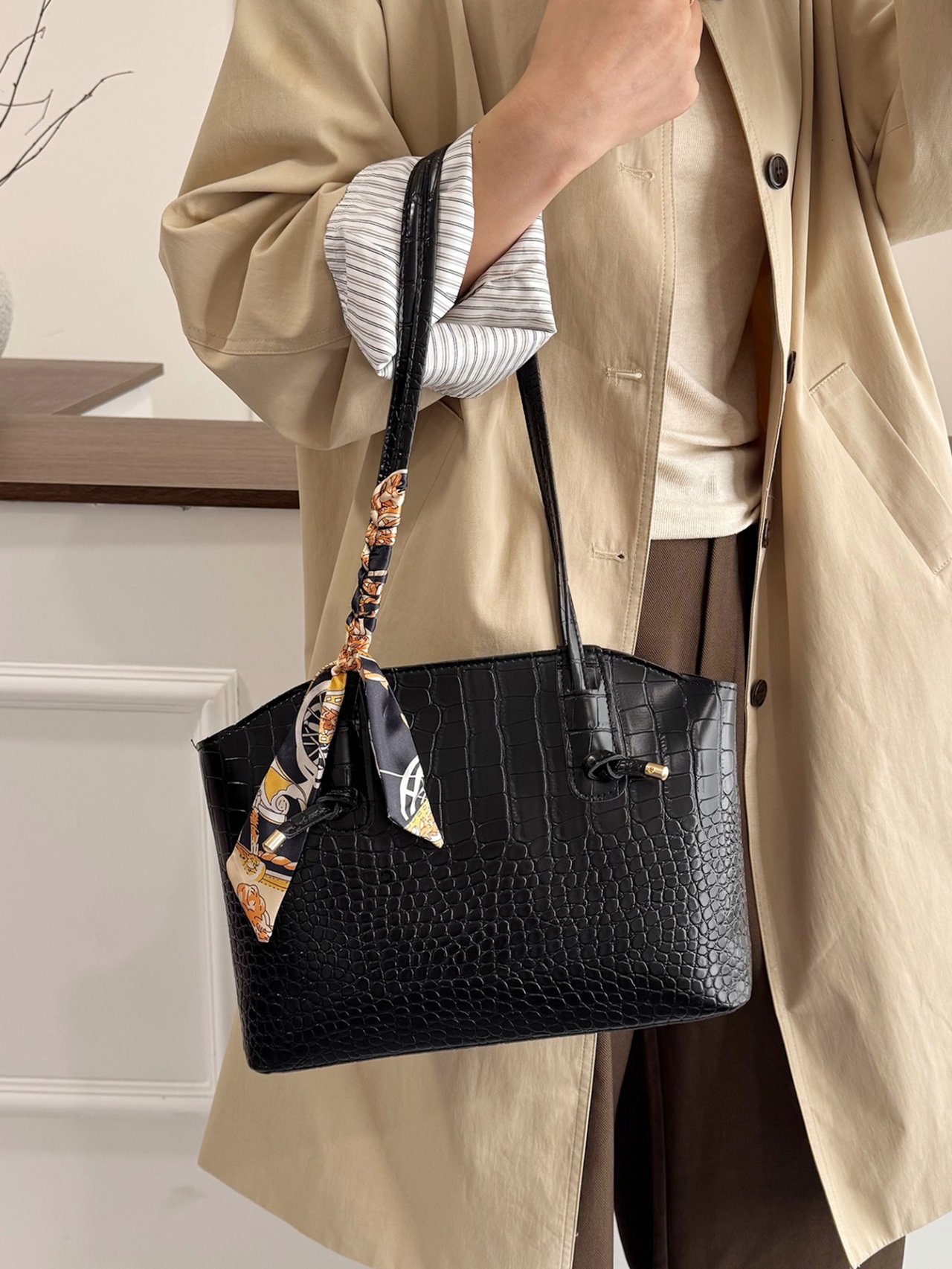 Black Croc-Embossed Tote Bag with Scarf Accent