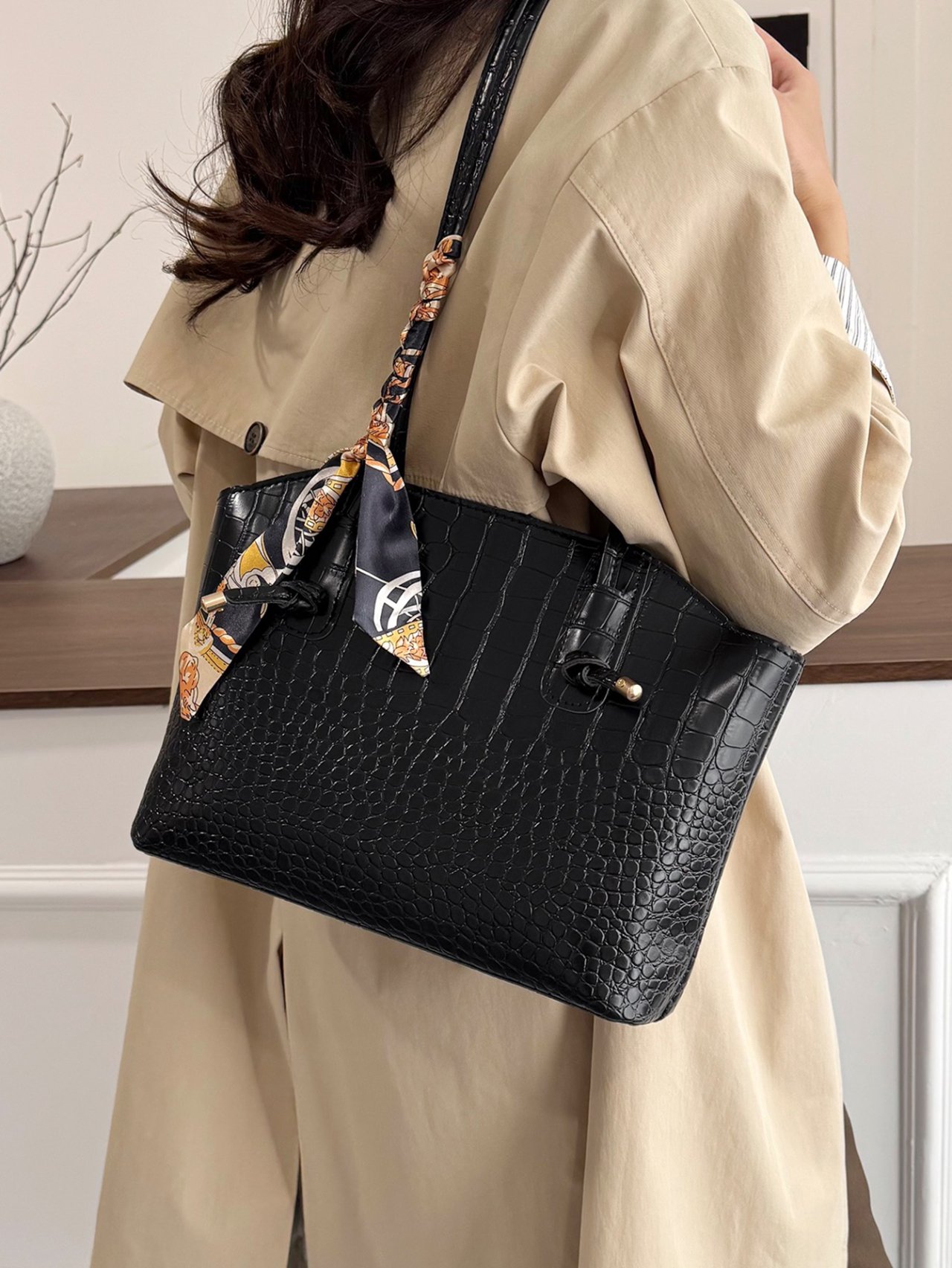 Black Croc-Embossed Tote Bag with Scarf Accent