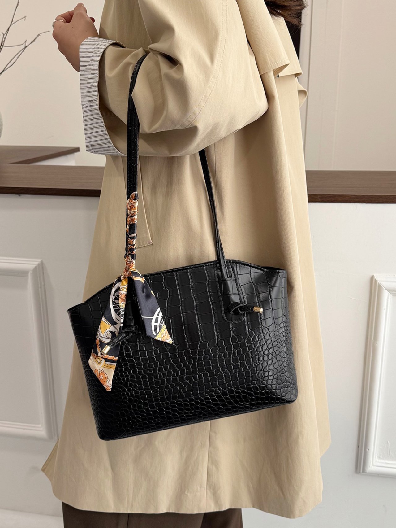 Black Croc-Embossed Tote Bag with Scarf Accent