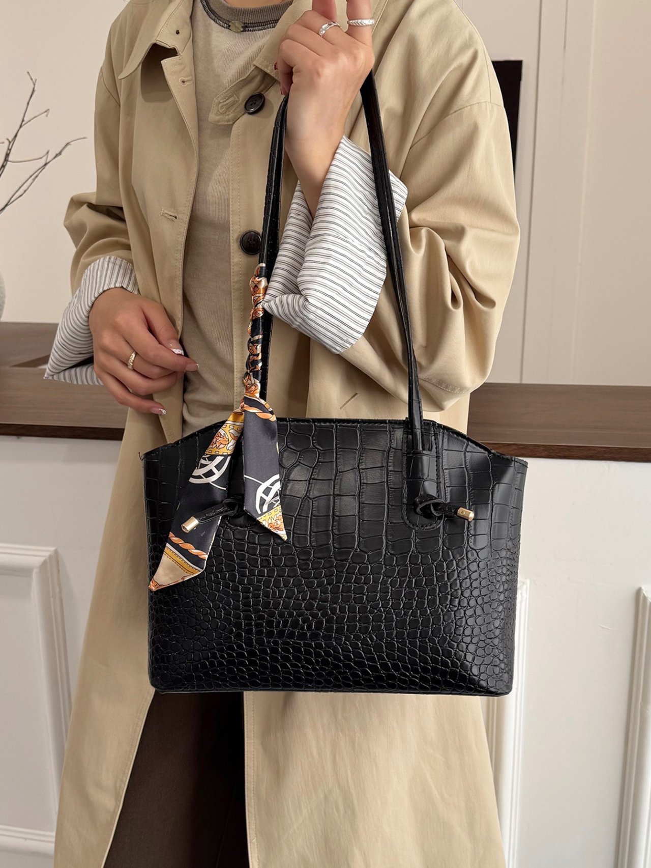 Black Croc-Embossed Tote Bag with Scarf Accent