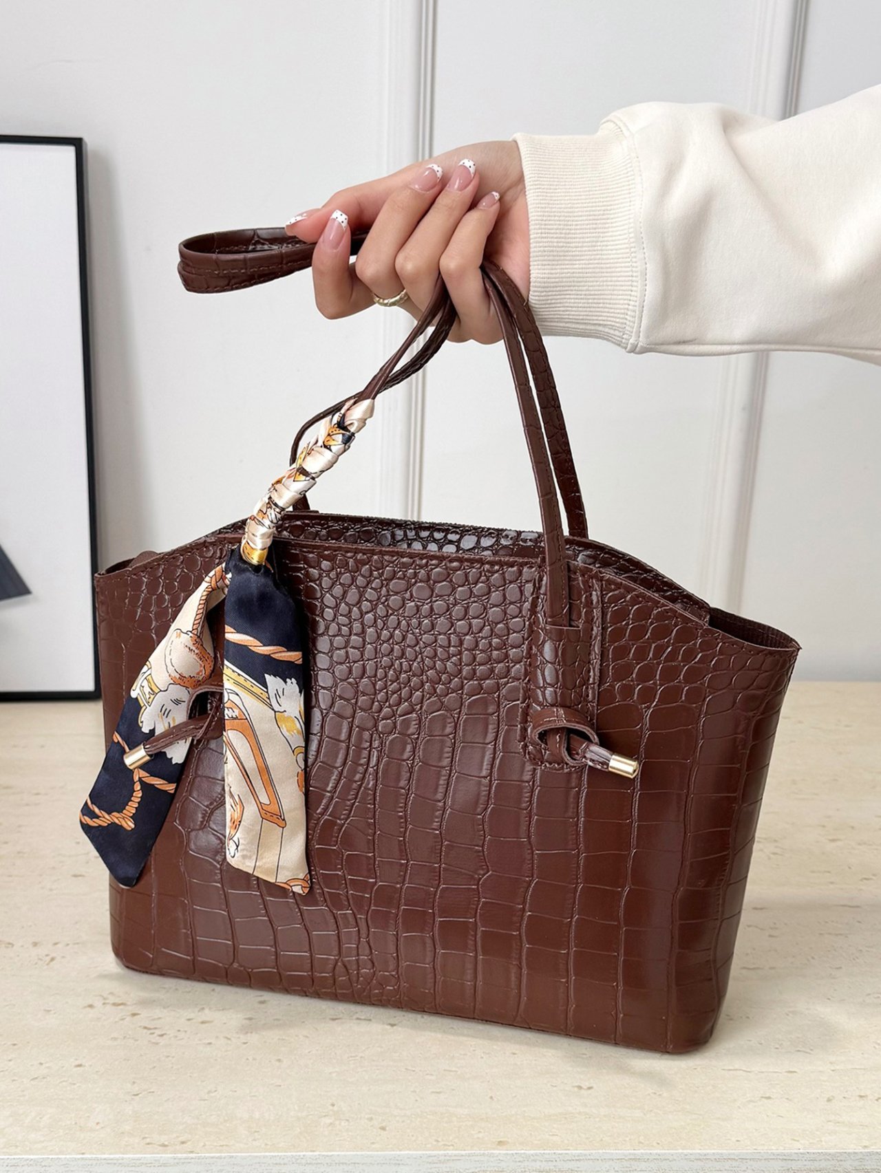Brown Croc-Embossed Tote Bag with Scarf Accent