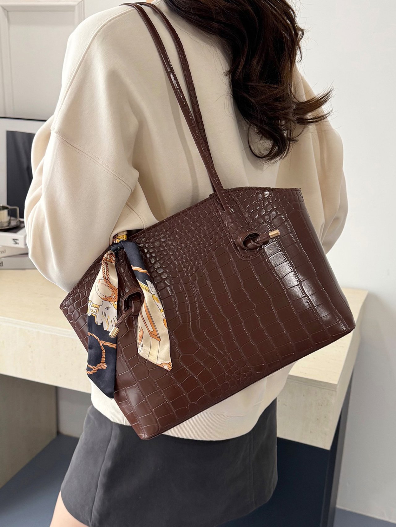 Brown Croc-Embossed Tote Bag with Scarf Accent