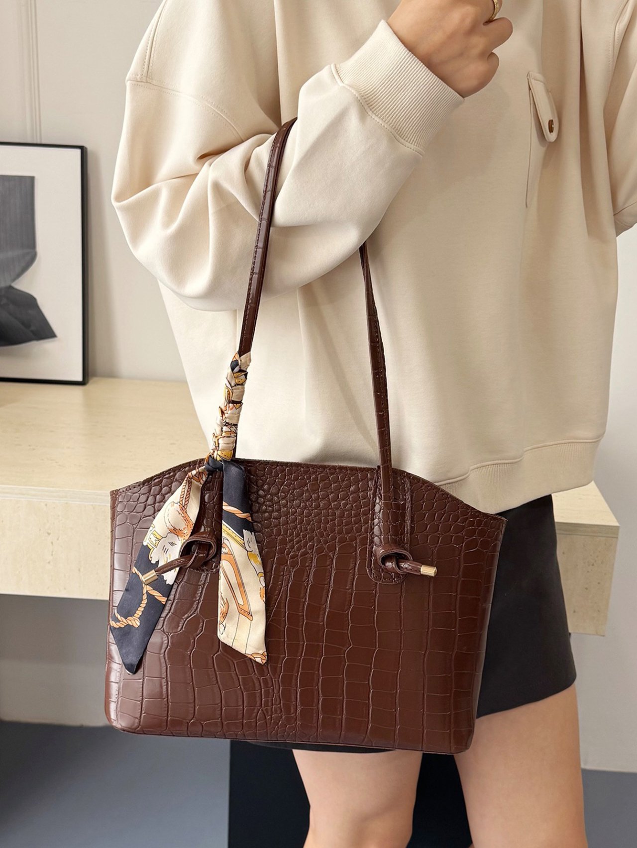 Brown Croc-Embossed Tote Bag with Scarf Accent