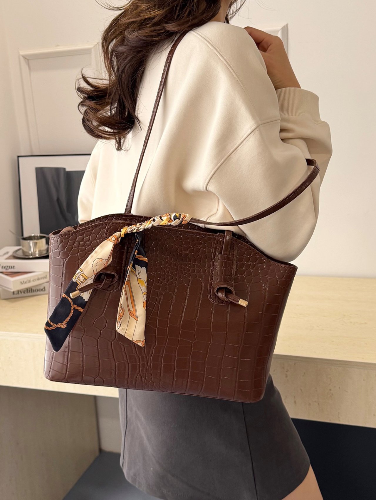 Brown Croc-Embossed Tote Bag with Scarf Accent