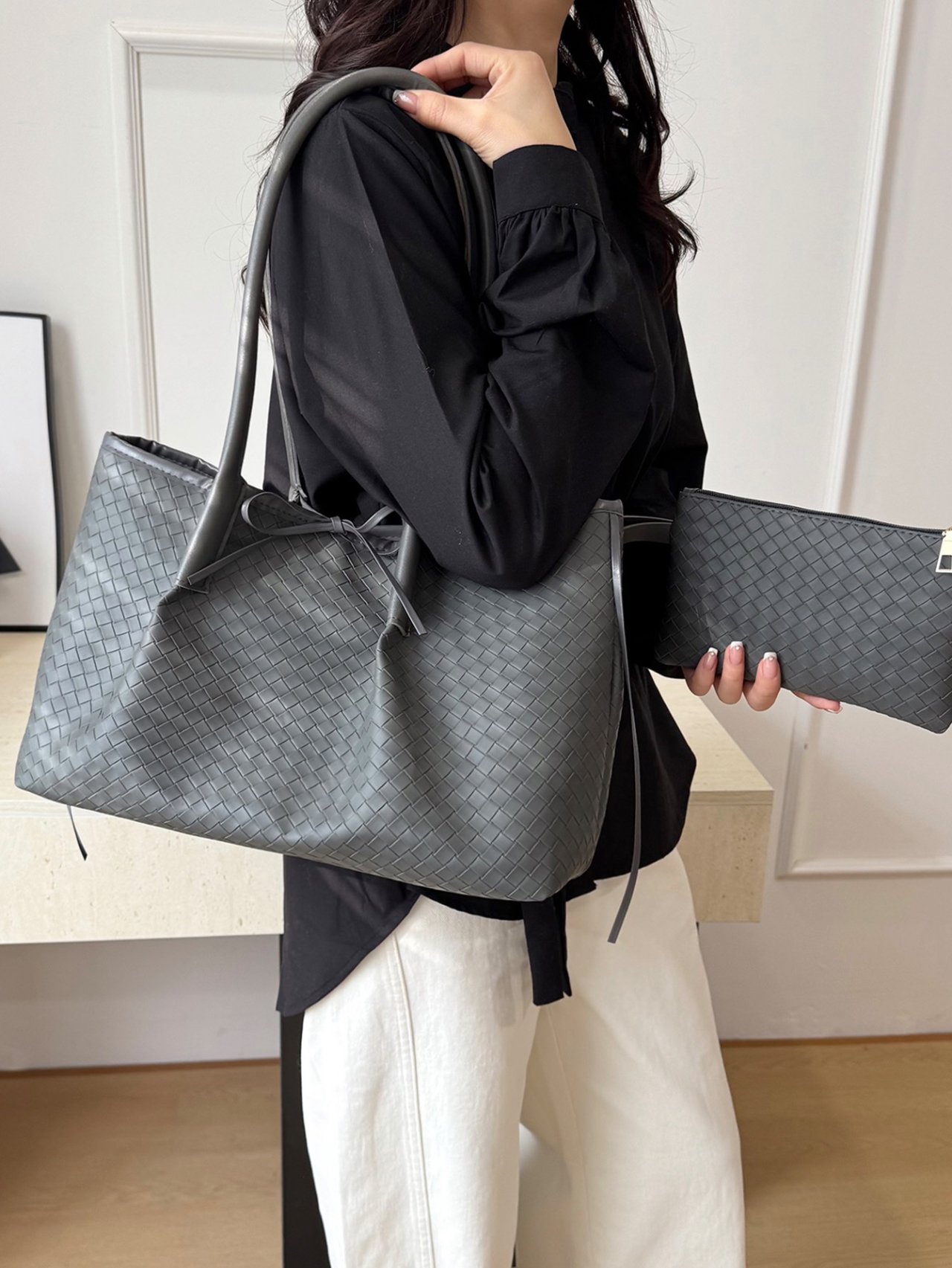 Grey Woven Shoulder Bag