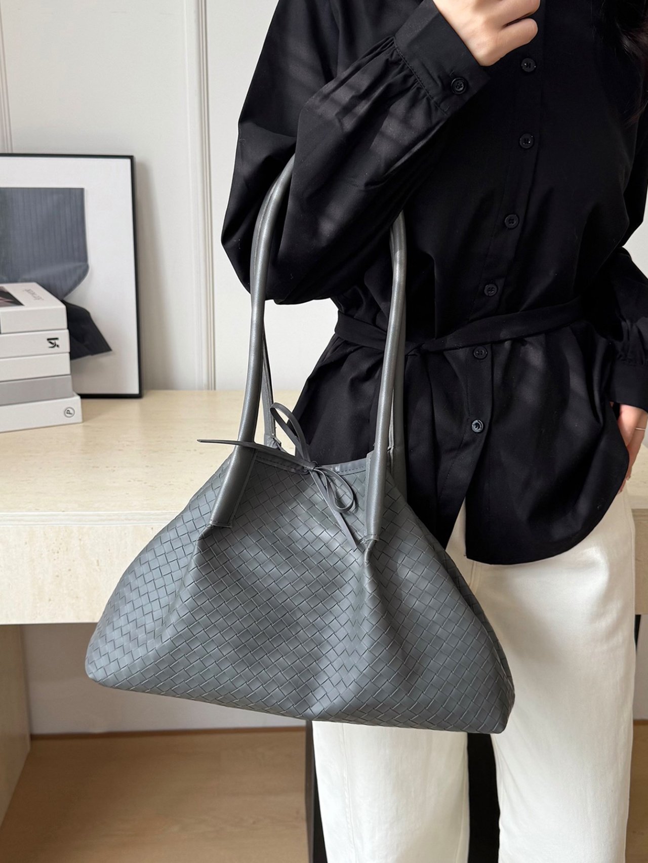 Grey Woven Shoulder Bag