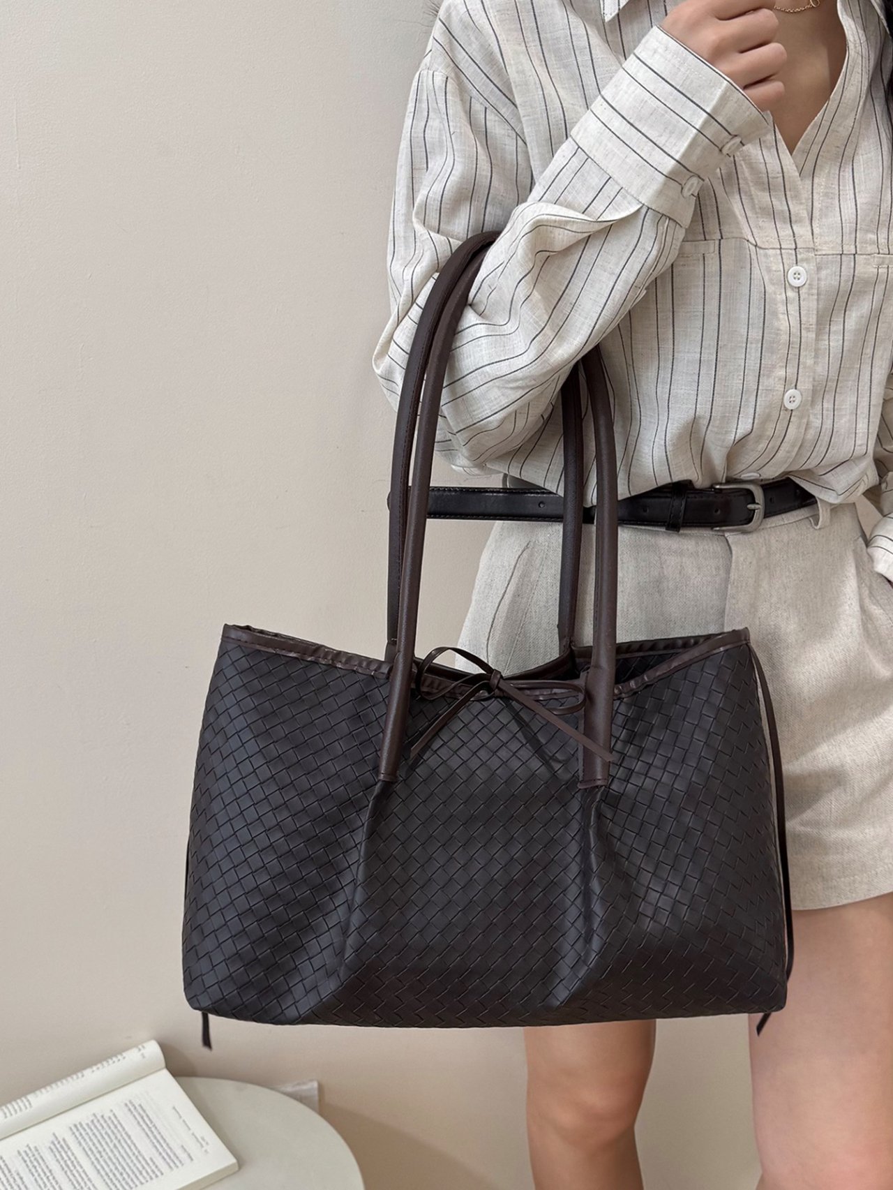 Black Woven Faux Leather Tote Bag