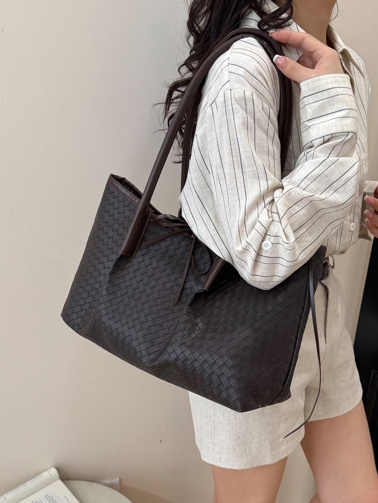 Black Woven Faux Leather Tote Bag