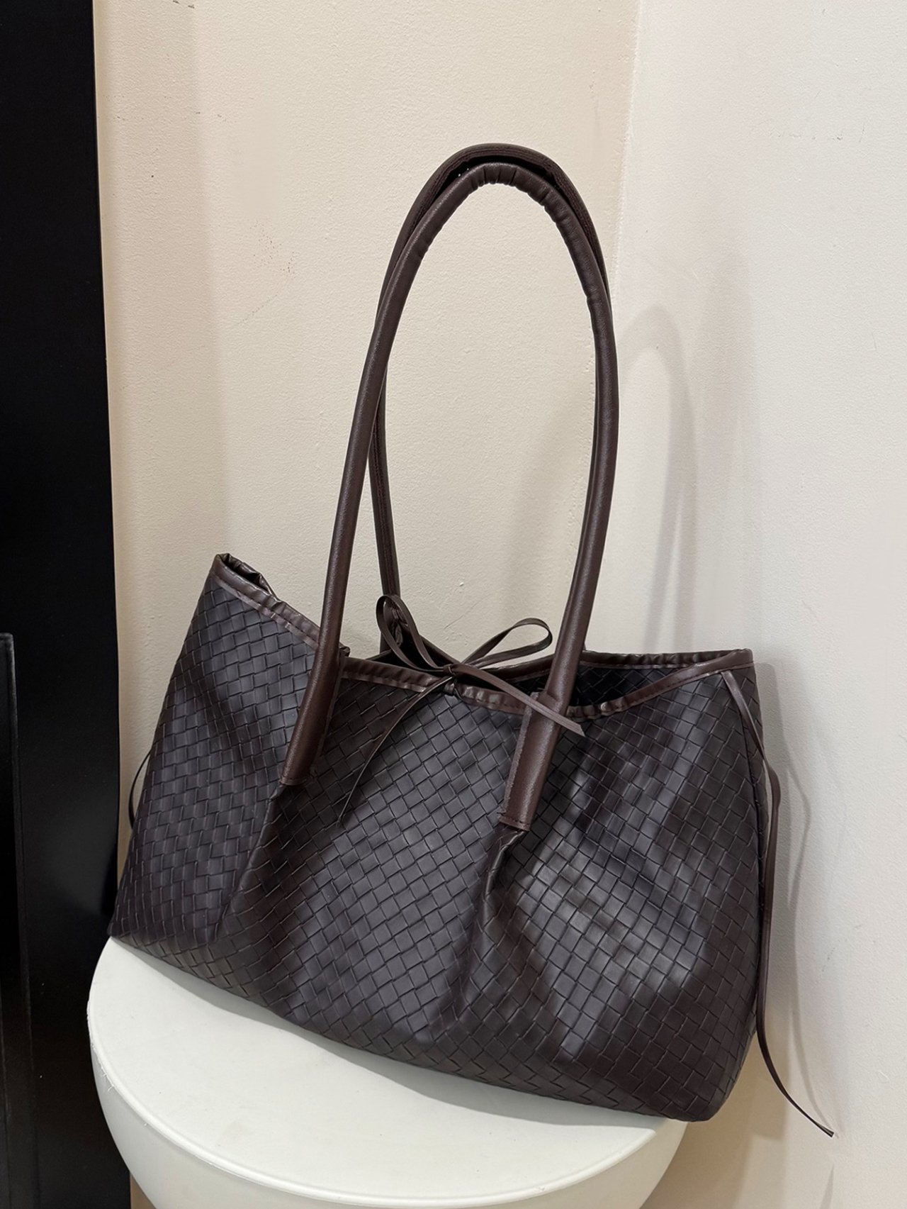 Black Woven Faux Leather Tote Bag