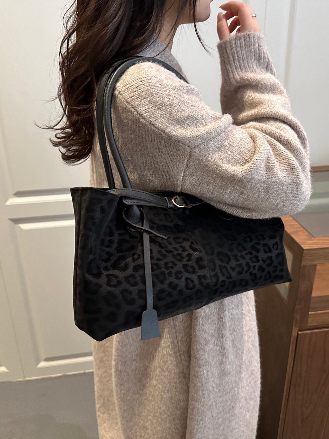Black Leopard Print Tote Shoulder Bag