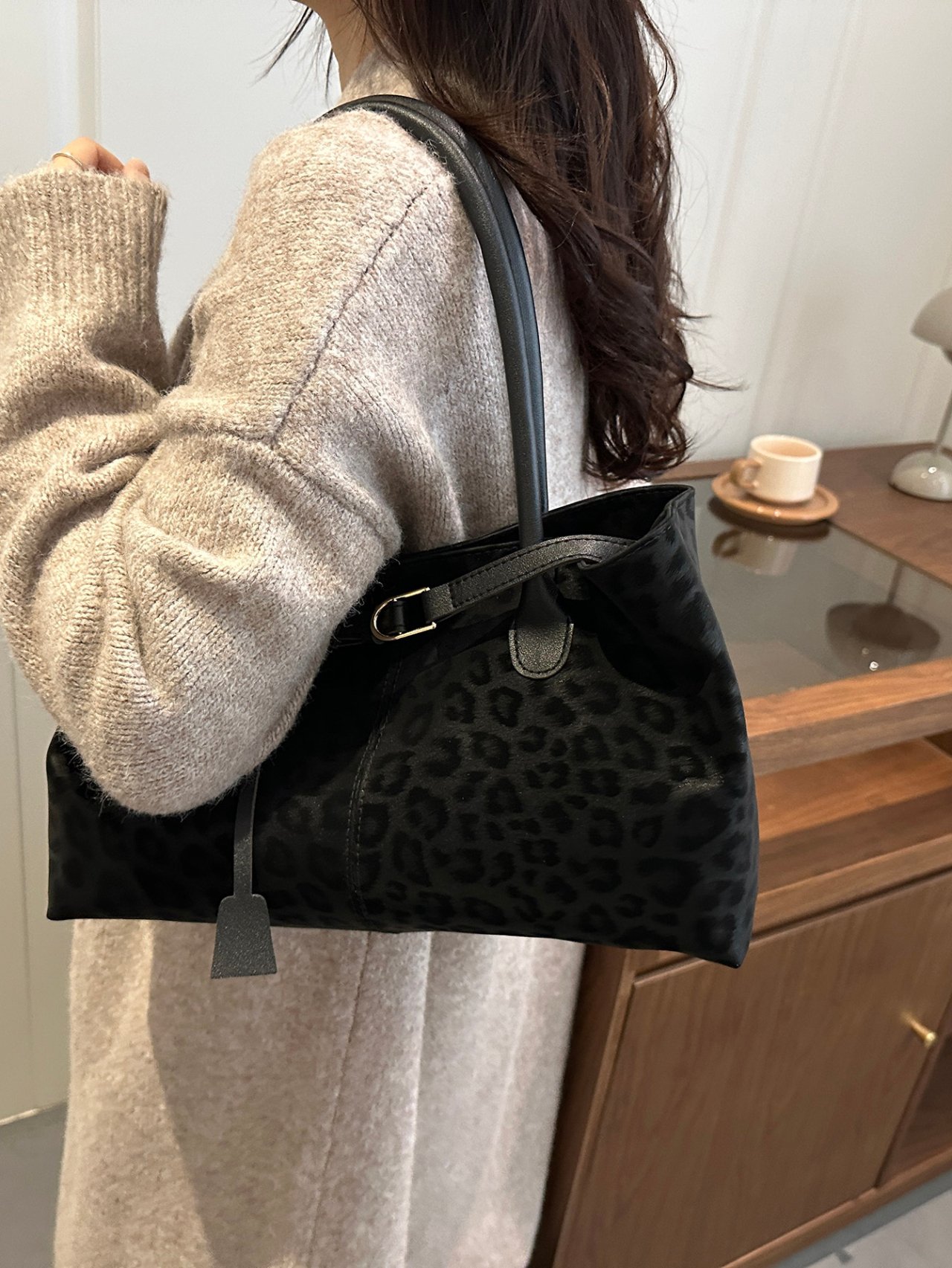 Black Leopard Print Tote Shoulder Bag