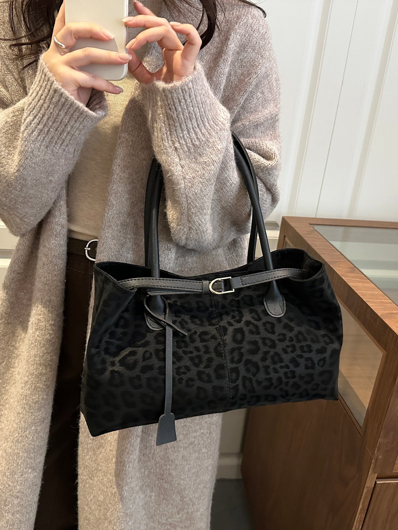 Black Leopard Print Tote Shoulder Bag
