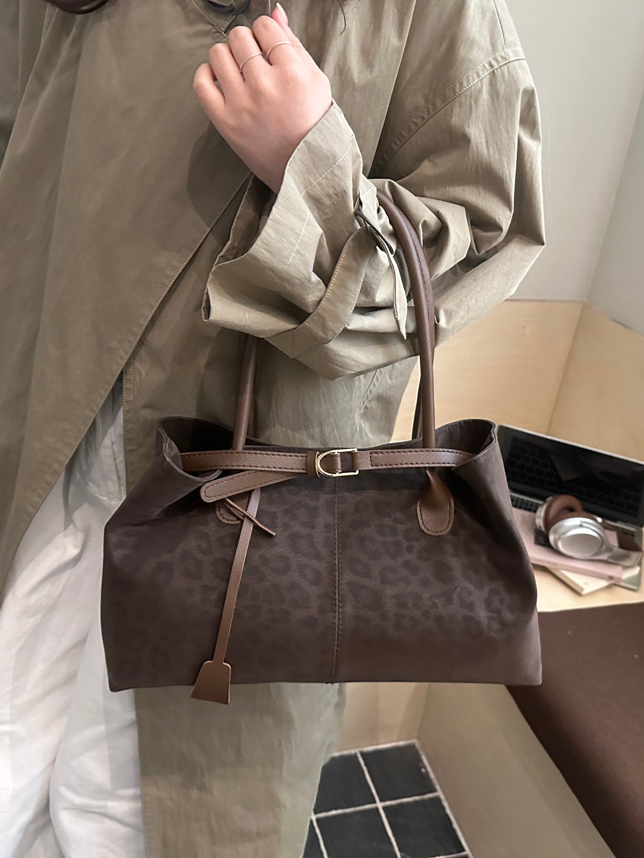 Leopard Print Coffee Brown Tote Shoulder Bag
