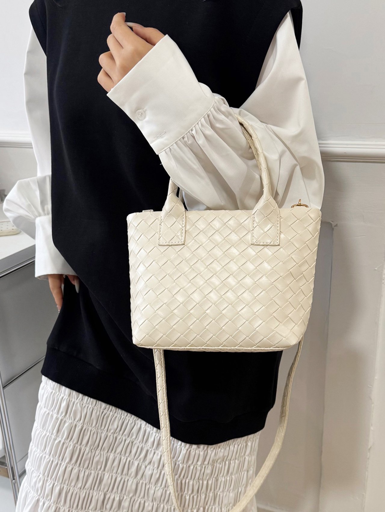 Beige Woven Mini Crossbody Handbag