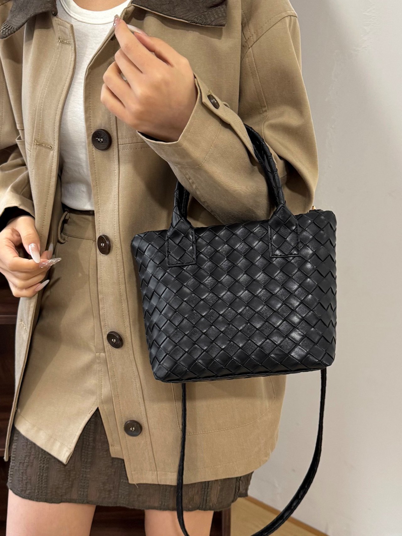 Black Woven Faux Leather Crossbody Bag