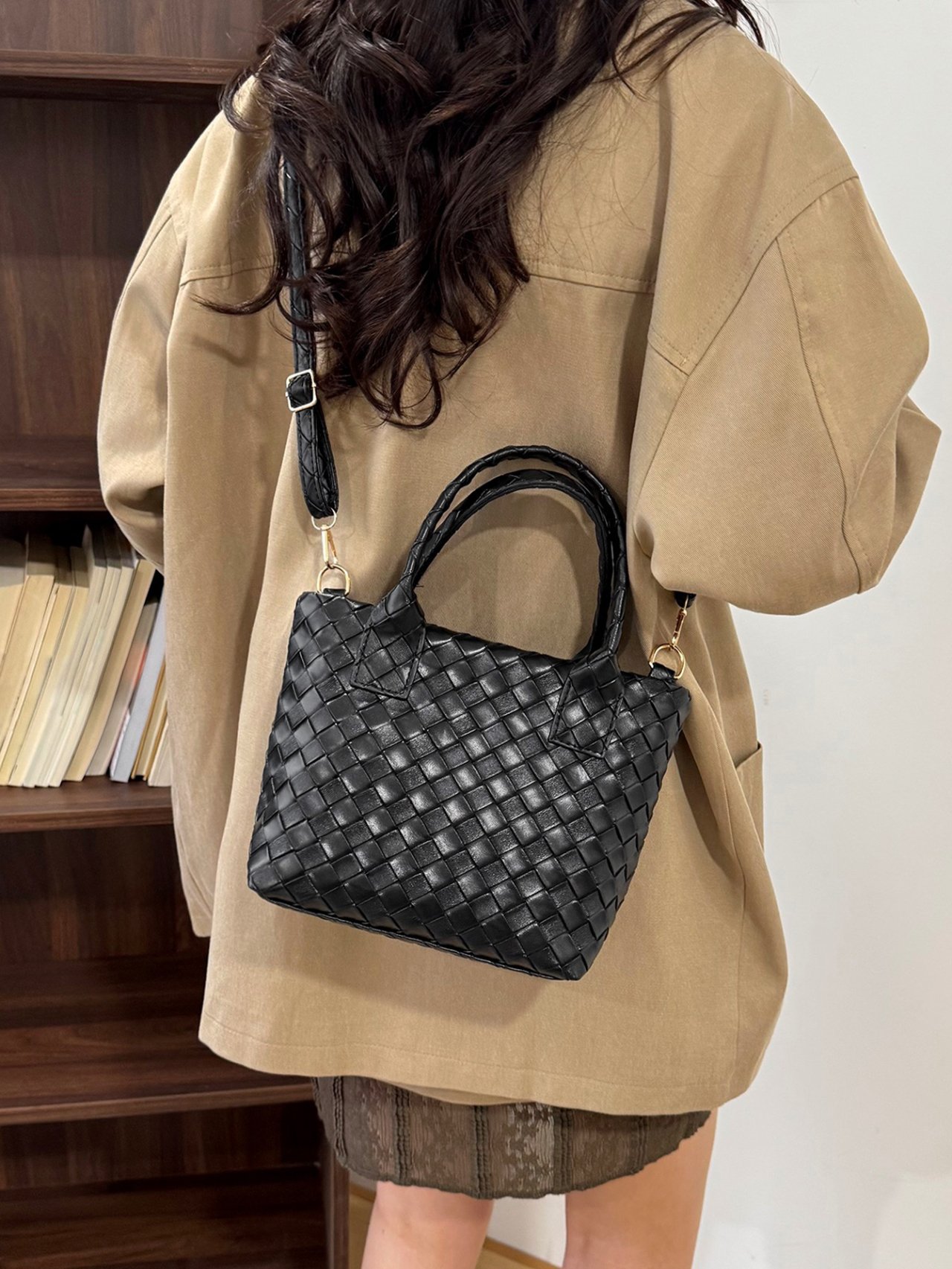 Black Woven Faux Leather Crossbody Bag