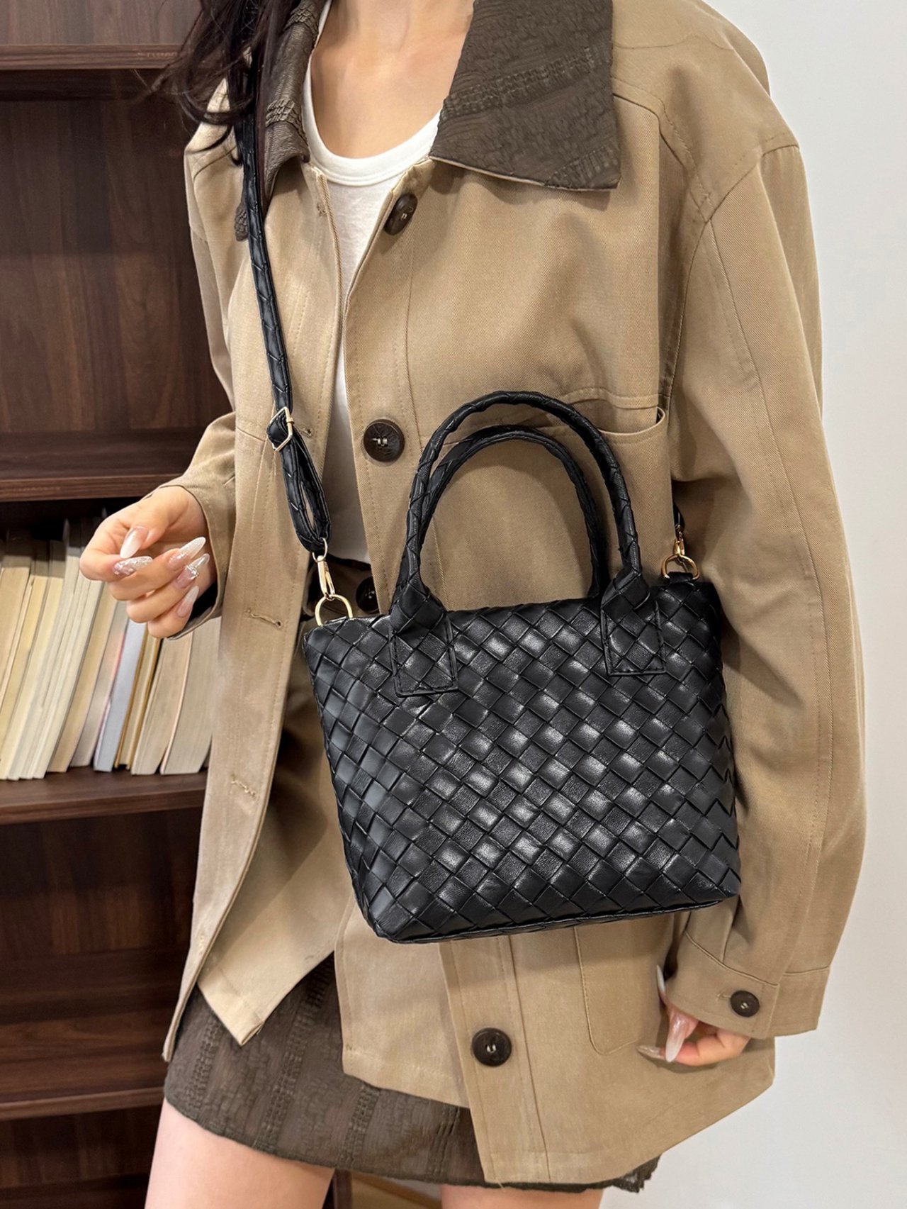 Black Woven Faux Leather Crossbody Bag