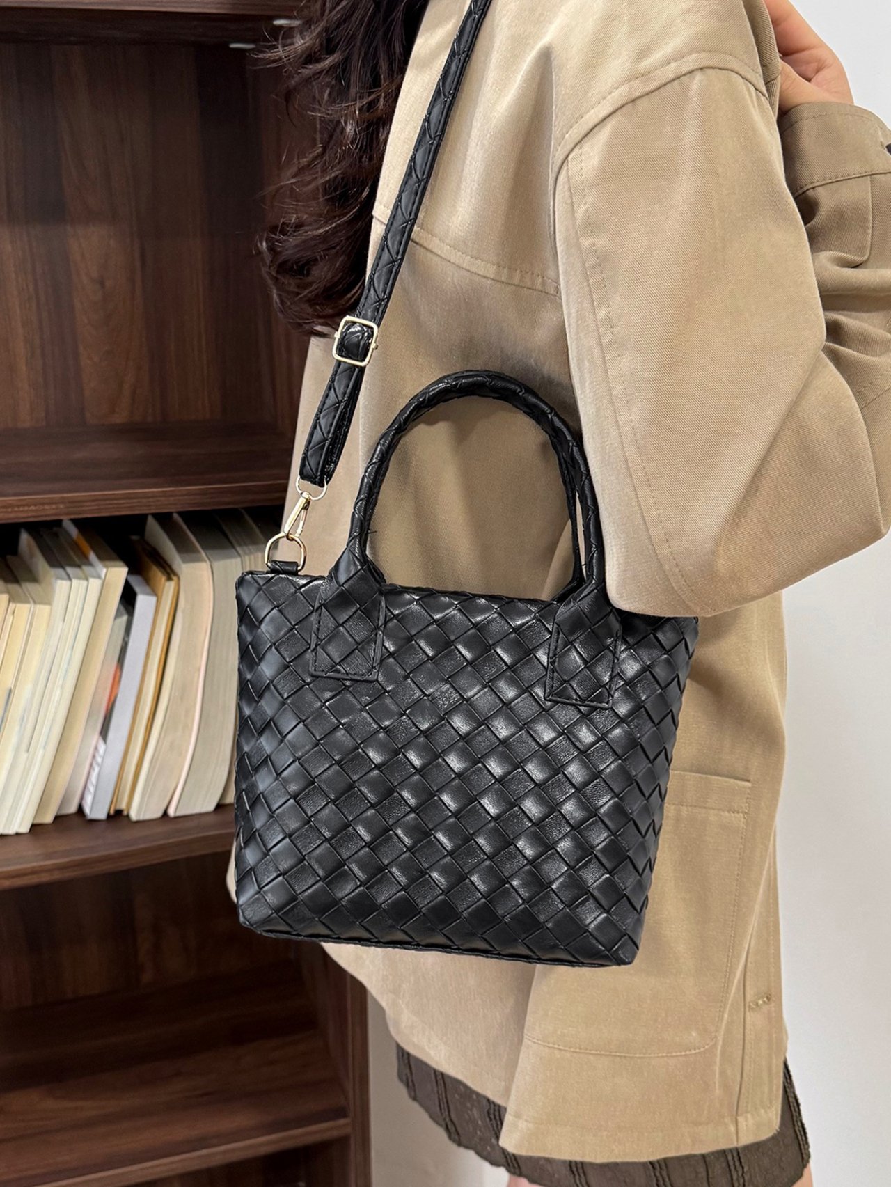 Black Woven Faux Leather Crossbody Bag