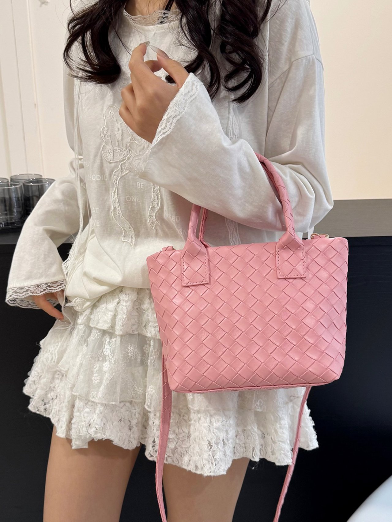 Pink Woven Mini Tote Crossbody Bag