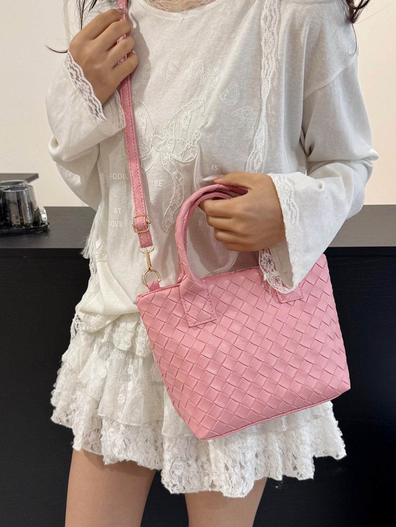 Pink Woven Mini Tote Crossbody Bag