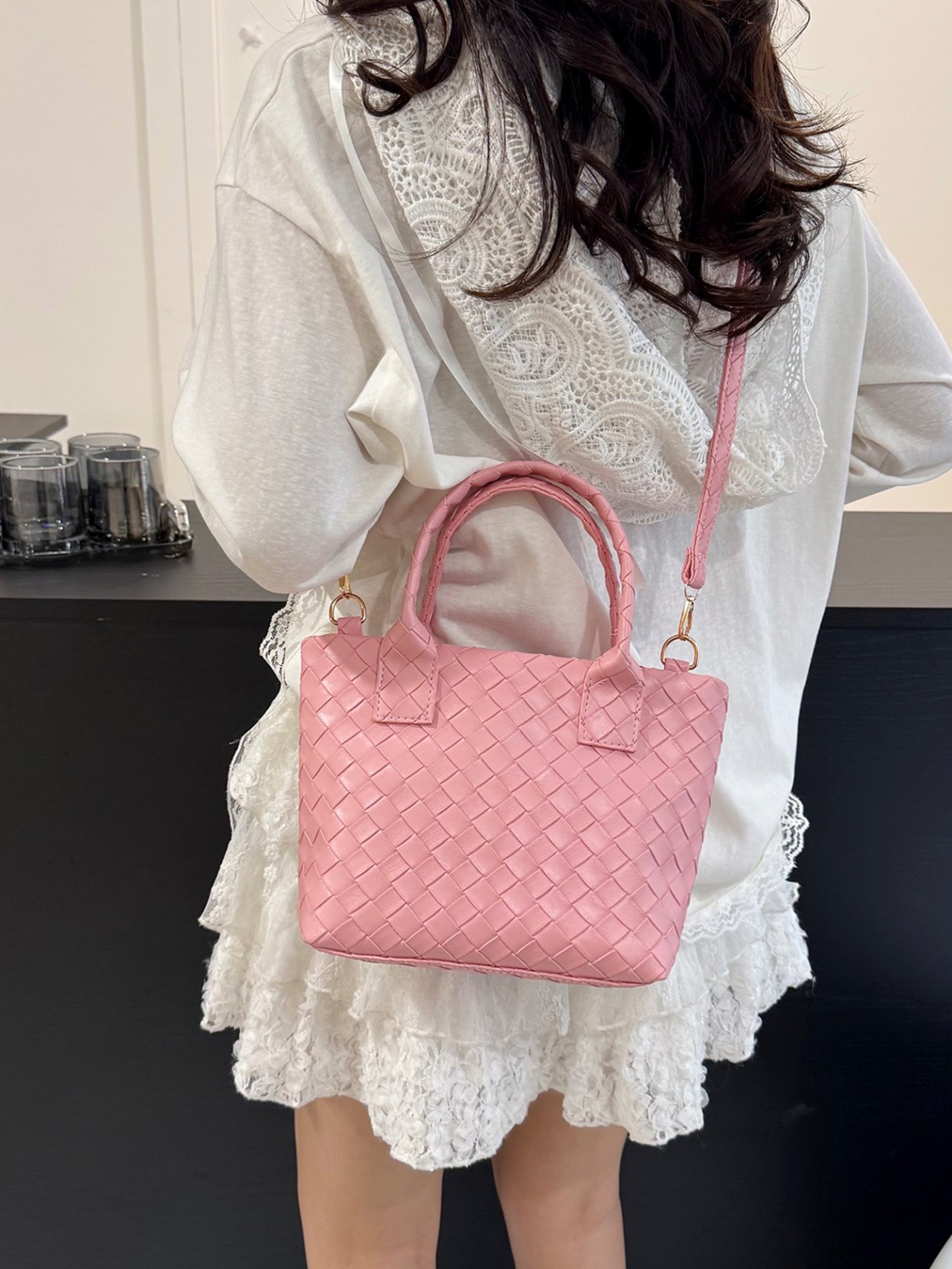 Pink Woven Mini Tote Crossbody Bag