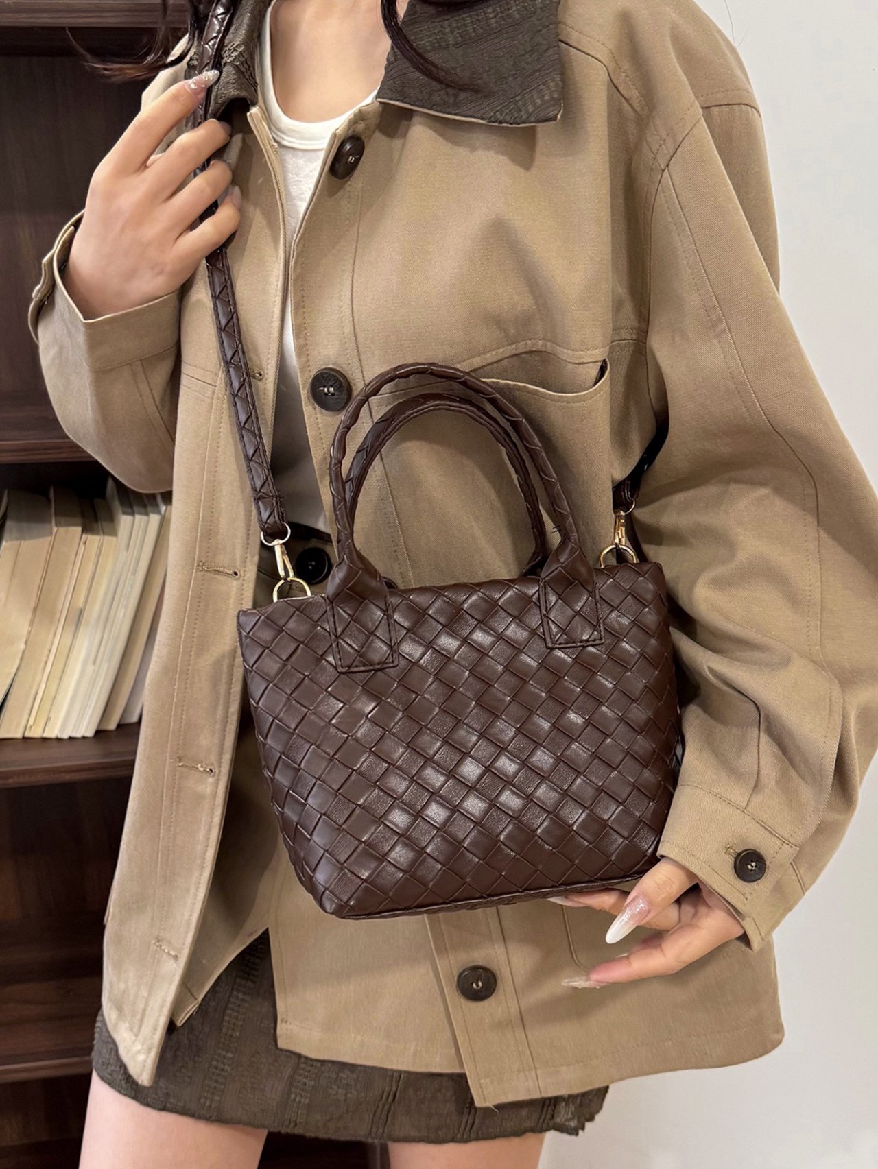 Coffee Brown Woven Textured Crossbody Bag