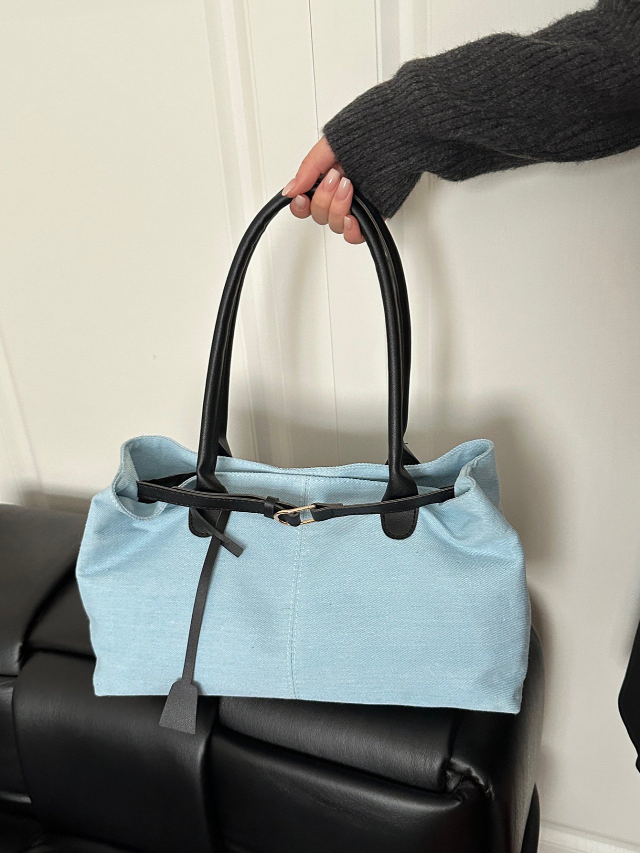 Light Blue Denim Tote Bag with Faux Leather Straps