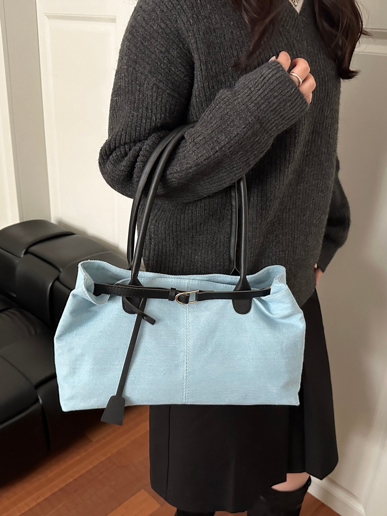 Light Blue Denim Tote Bag with Faux Leather Straps