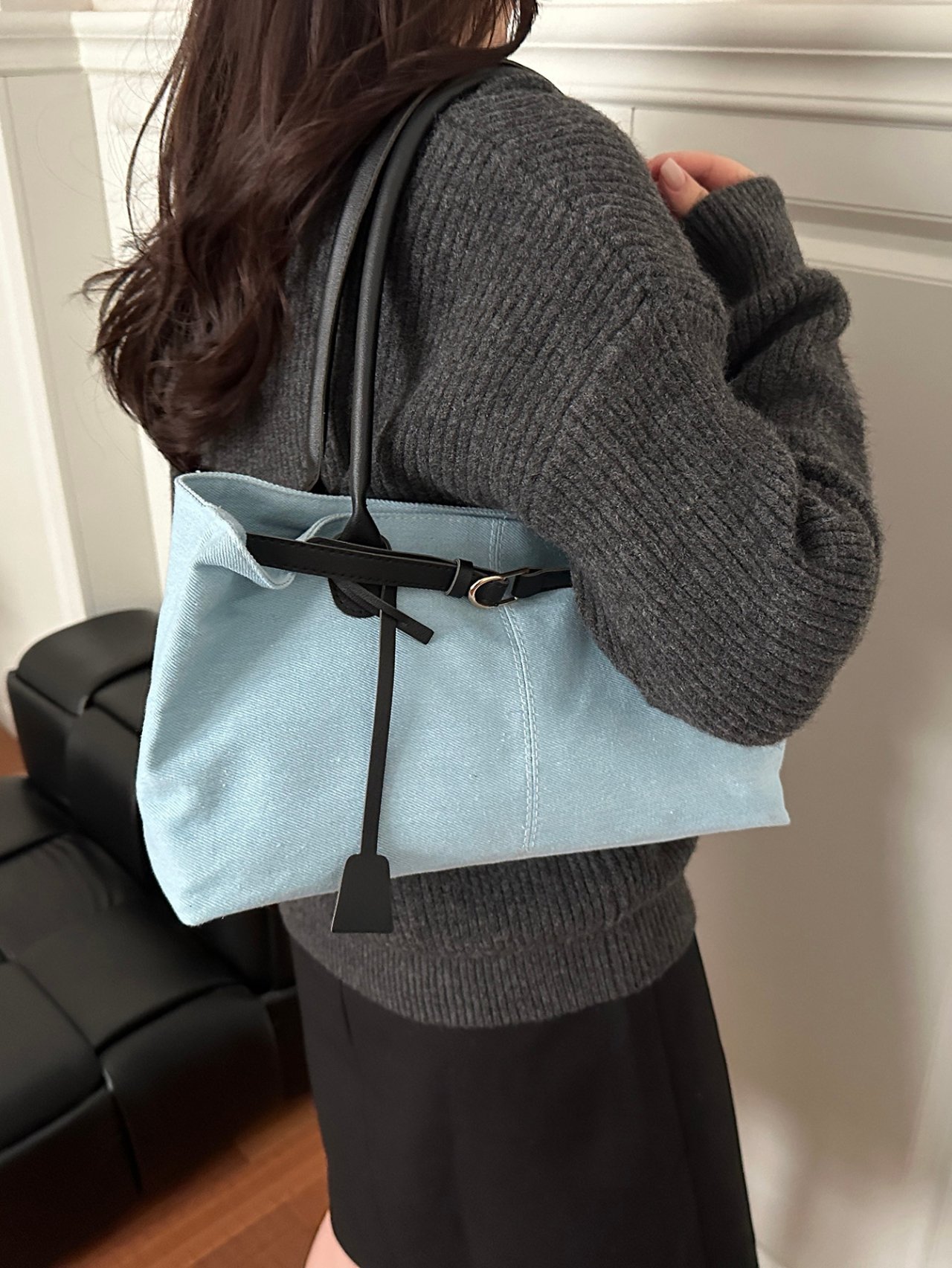 Light Blue Denim Tote Bag with Faux Leather Straps