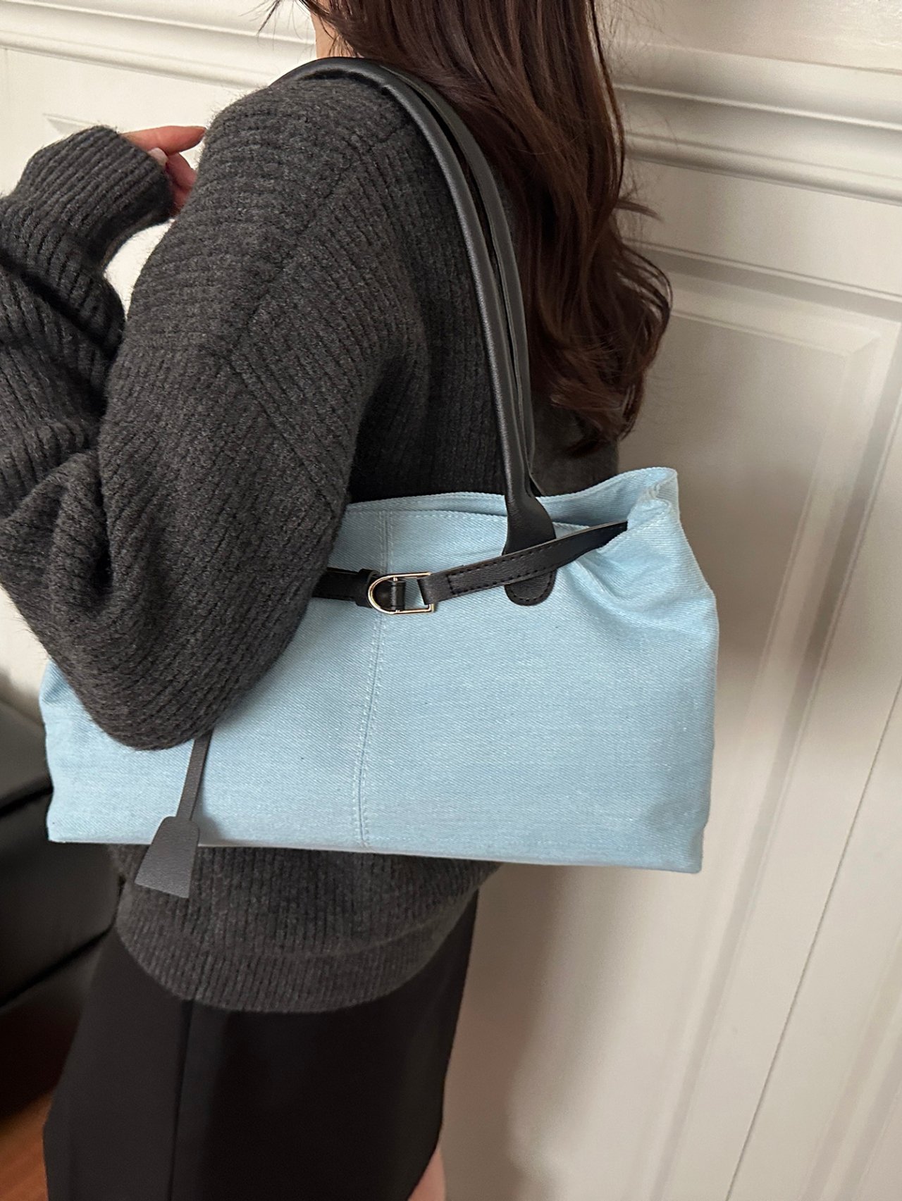 Light Blue Denim Tote Bag with Faux Leather Straps