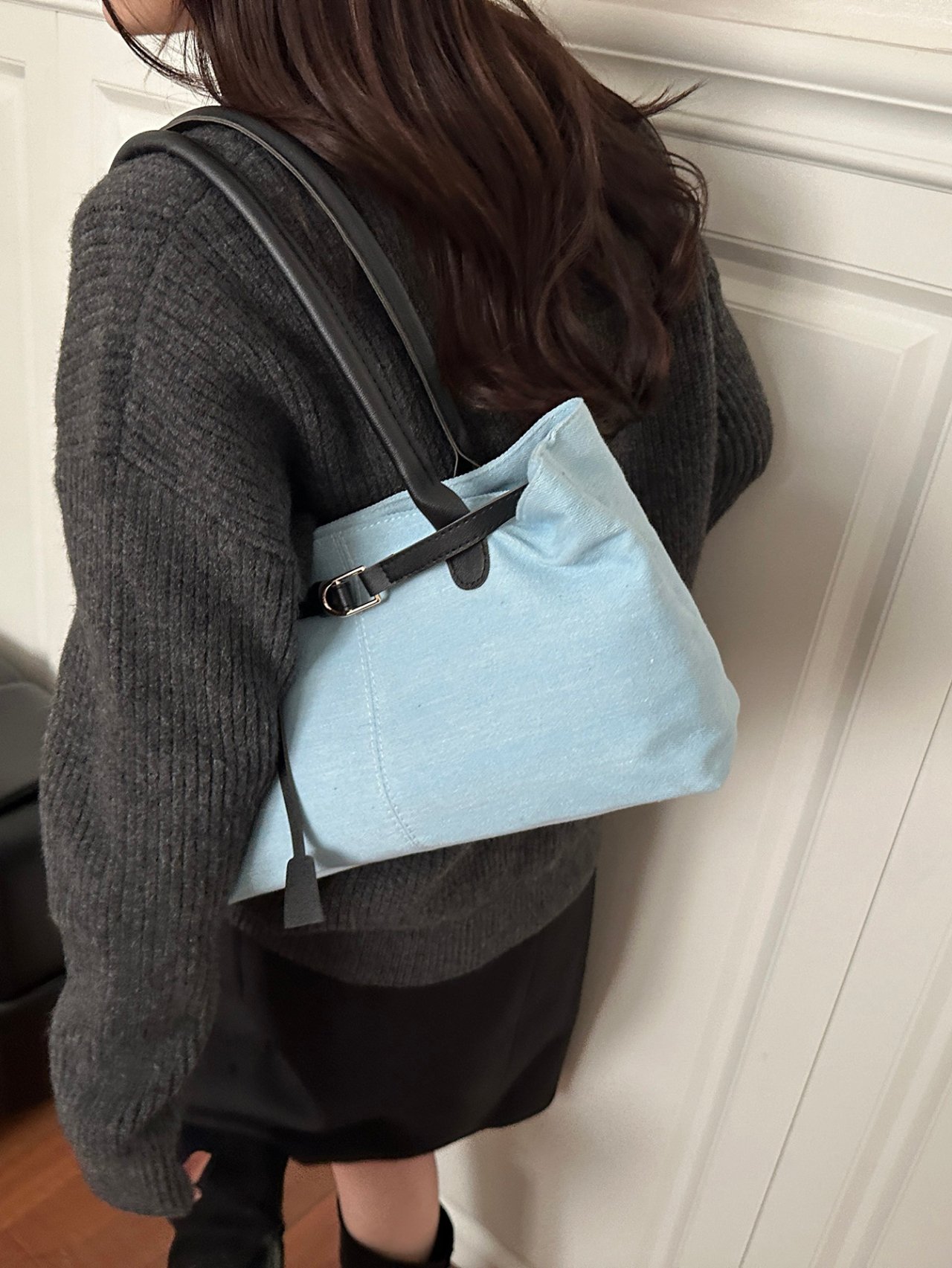 Light Blue Denim Tote Bag with Faux Leather Straps