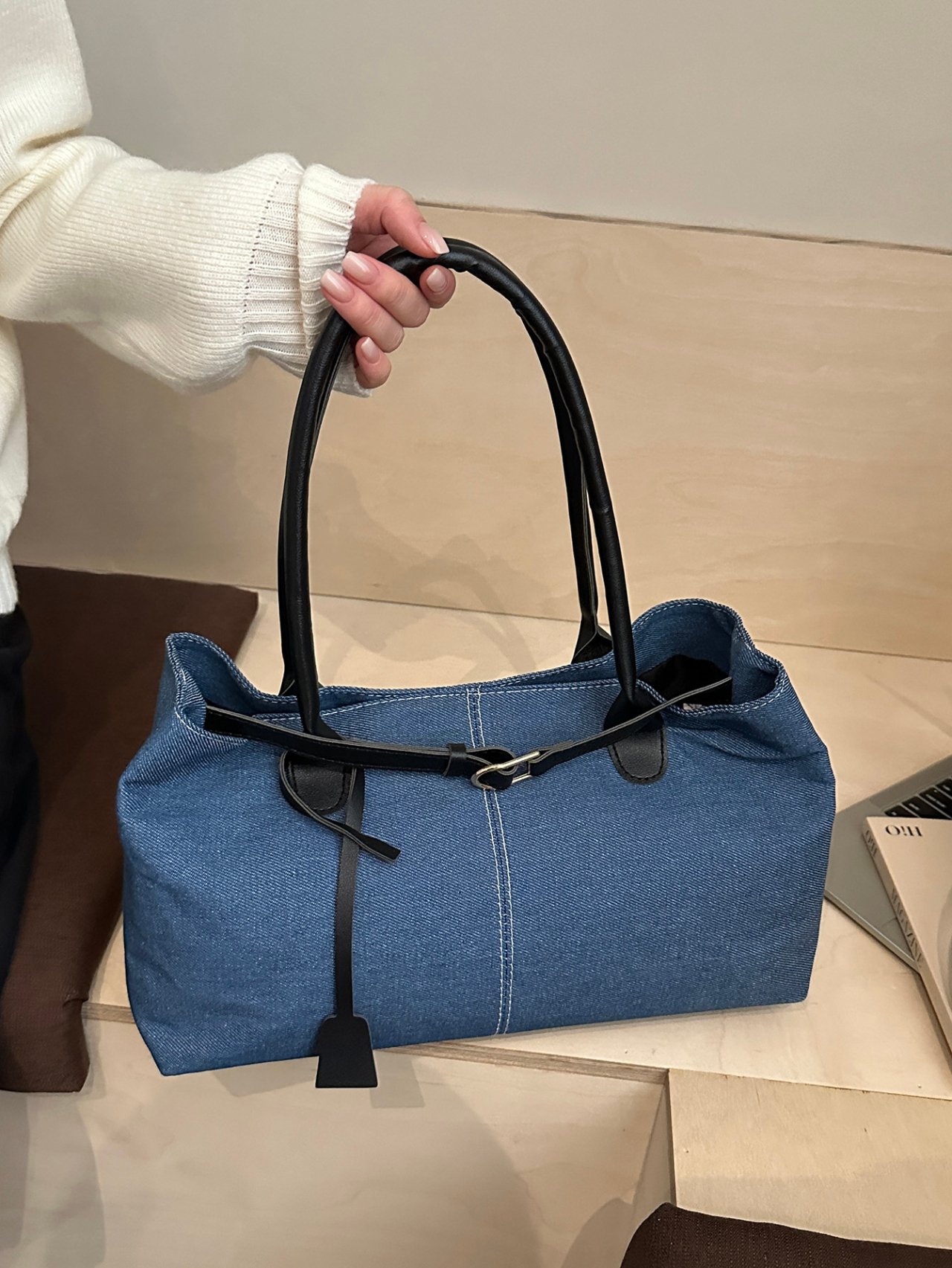 Denim Tote Shoulder Bag - Blue