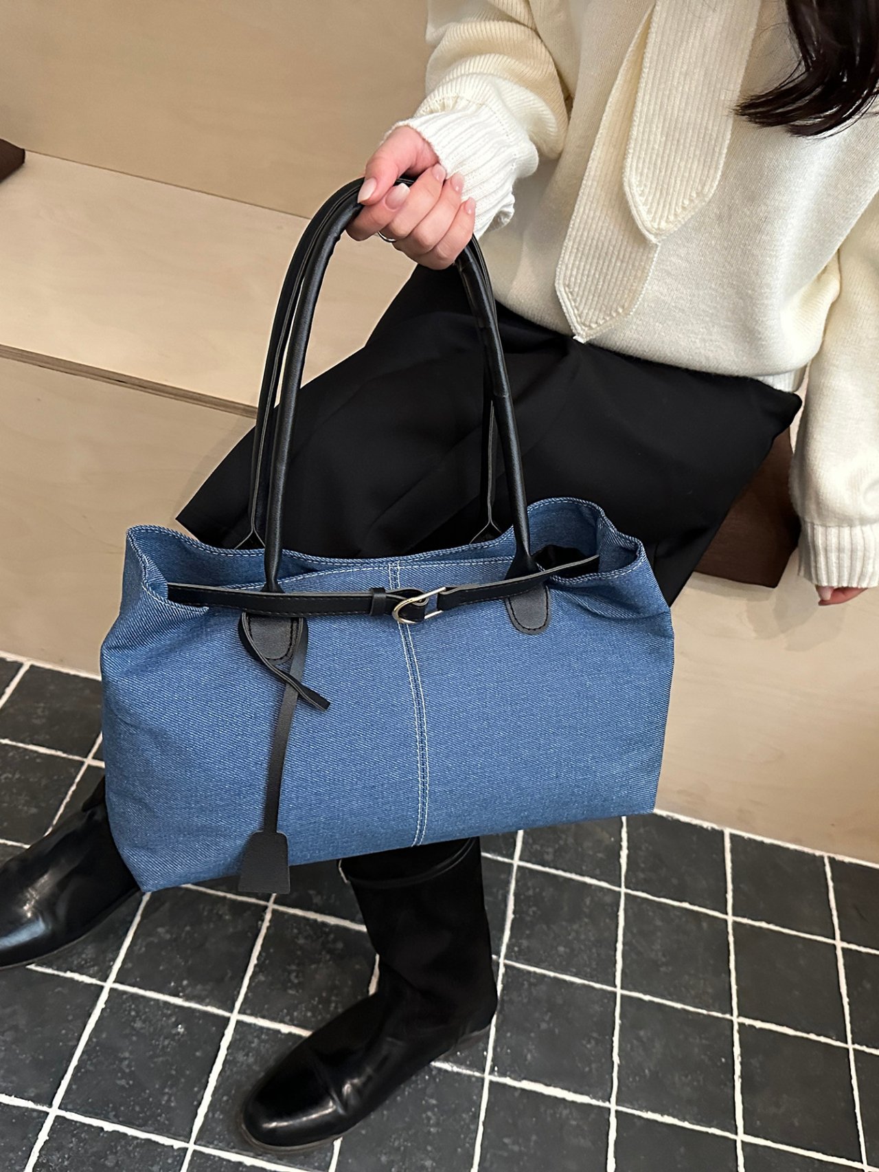 Denim Tote Shoulder Bag - Blue