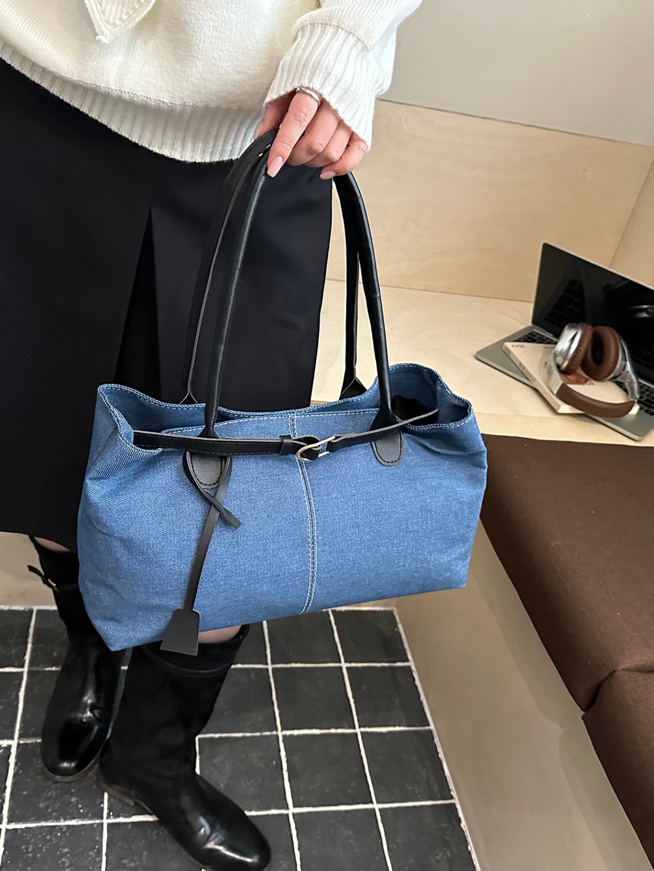 Denim Tote Shoulder Bag - Blue