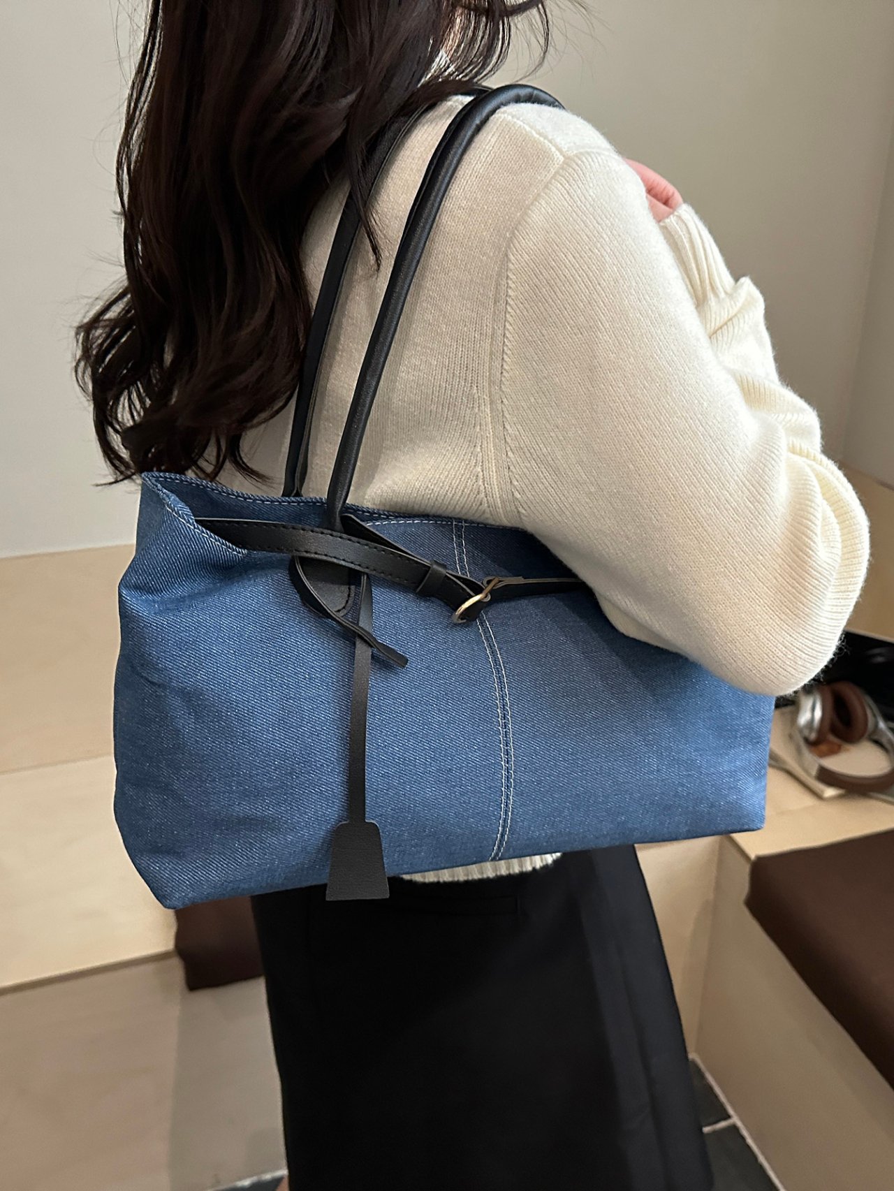 Denim Tote Shoulder Bag - Blue