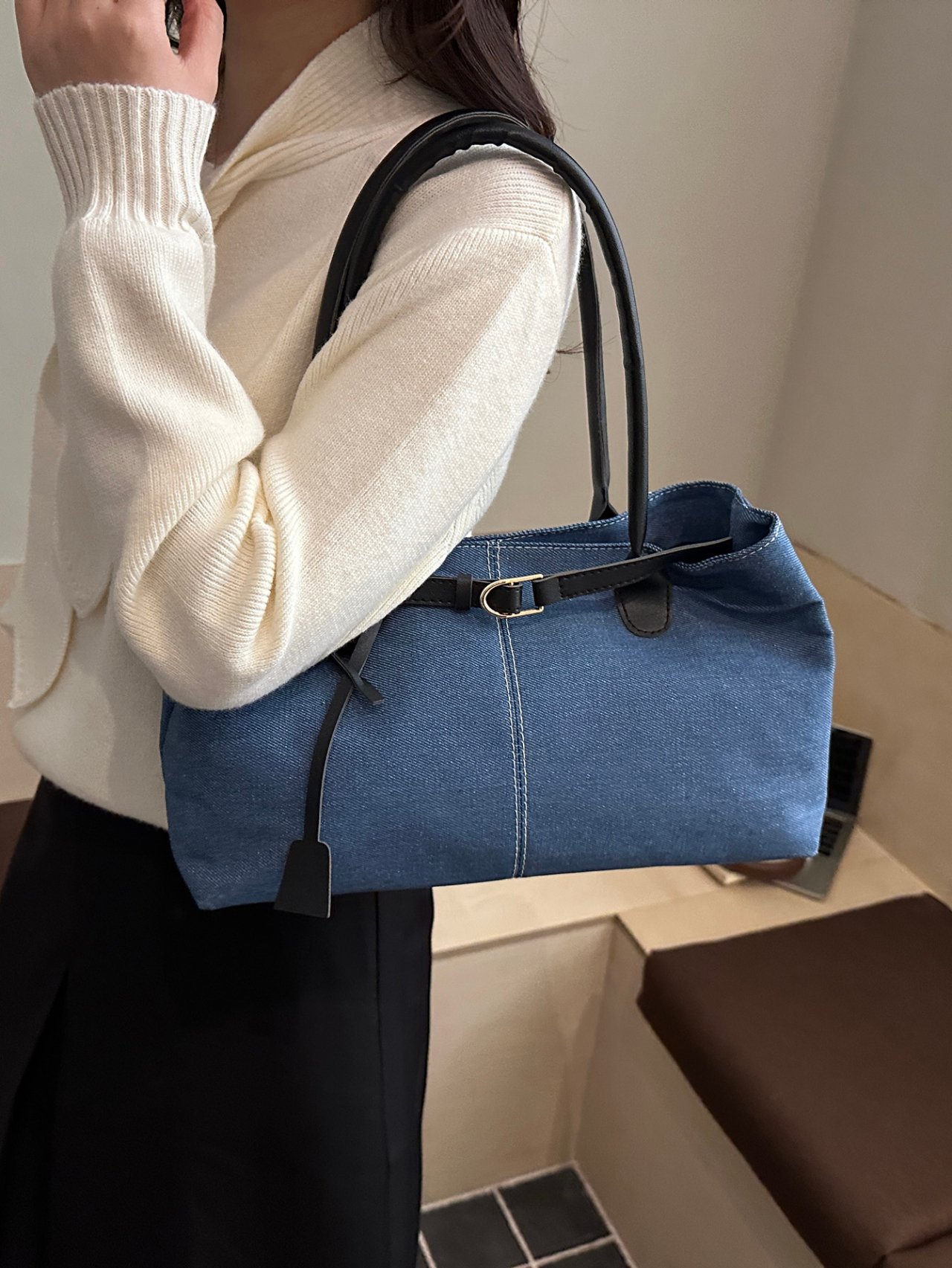 Denim Tote Shoulder Bag - Blue