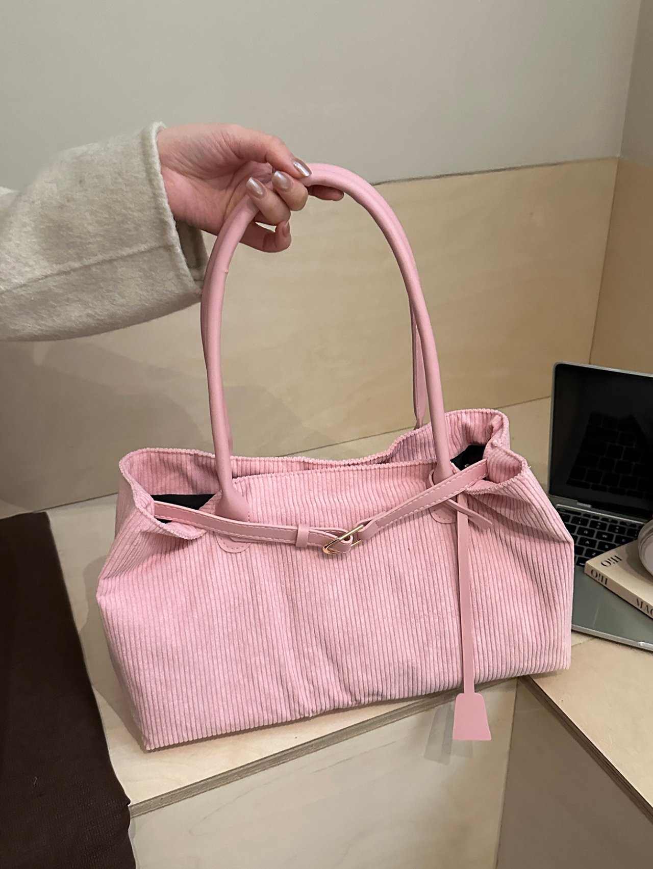 Pink Corduroy Tote Bag with Adjustable Strap