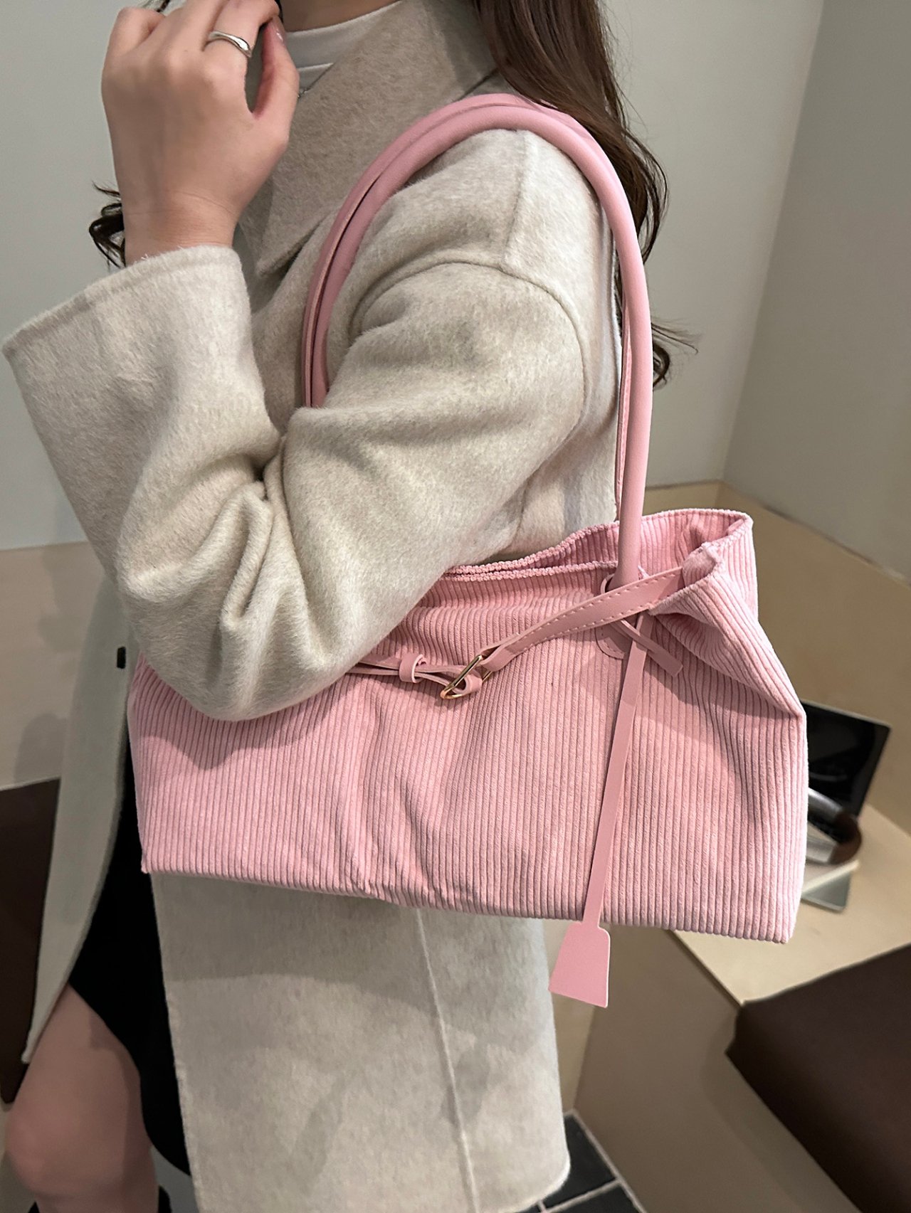Pink Corduroy Tote Bag with Adjustable Strap