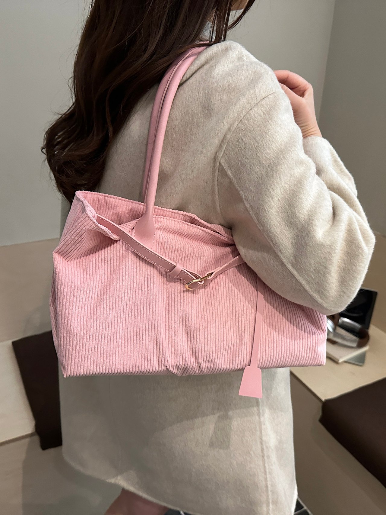 Pink Corduroy Tote Bag with Adjustable Strap