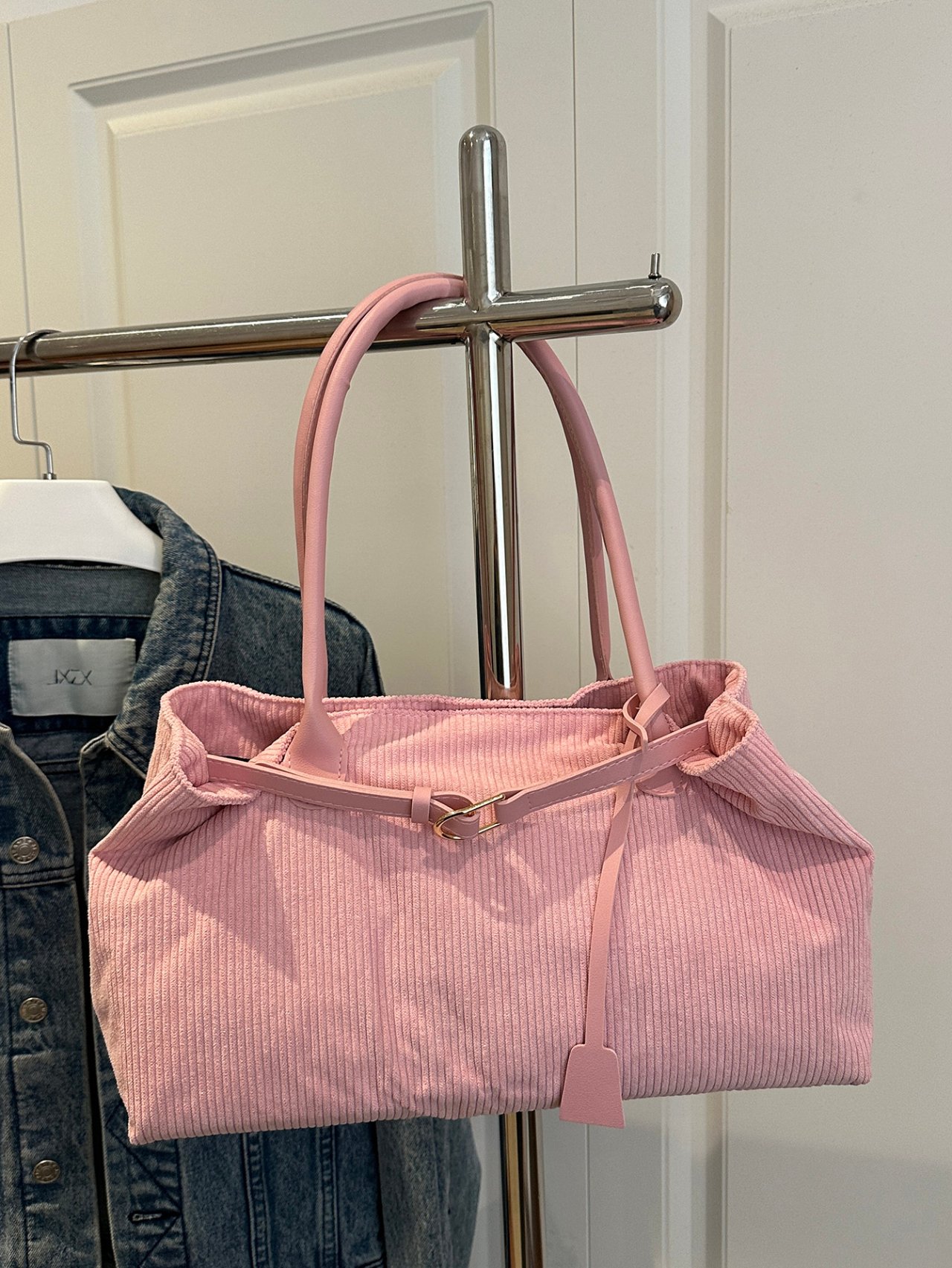 Pink Corduroy Tote Bag with Adjustable Strap