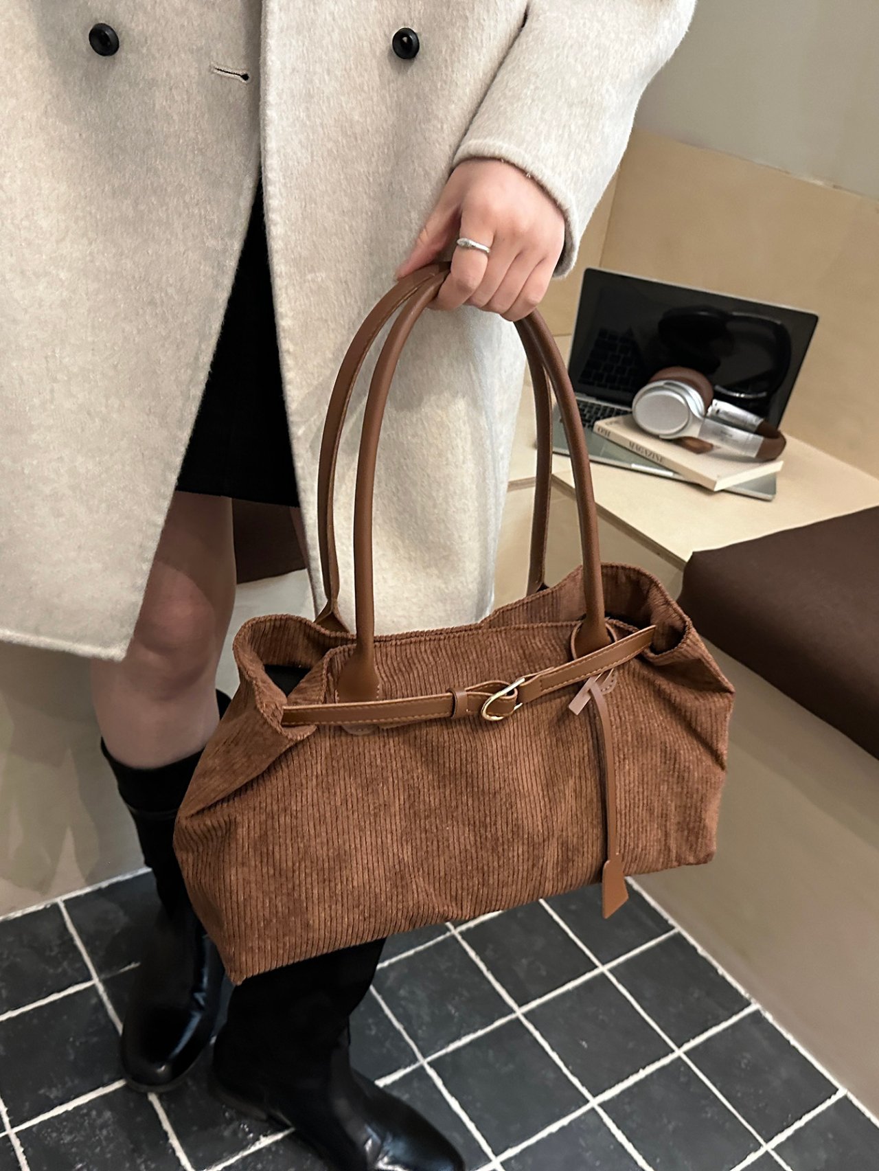 Coffee Brown Corduroy Tote Bag
