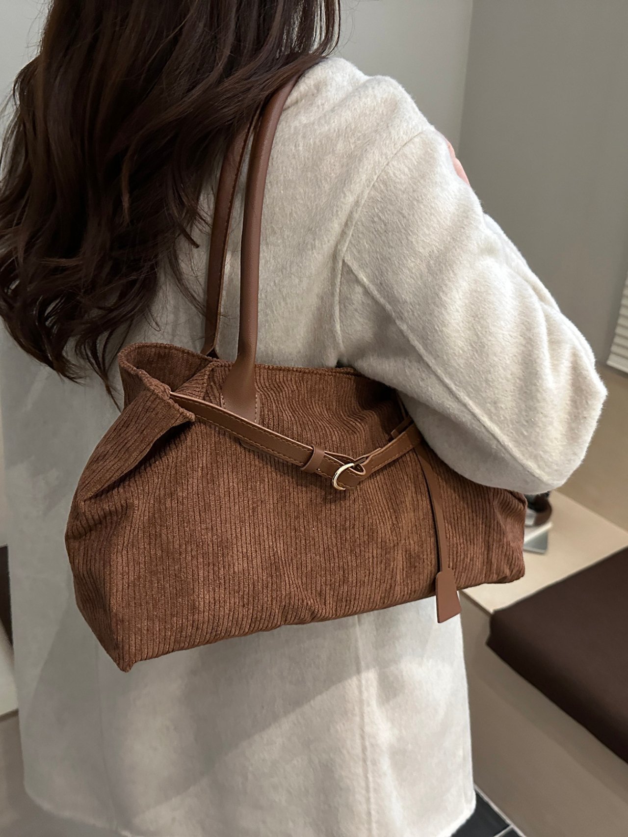 Coffee Brown Corduroy Tote Bag