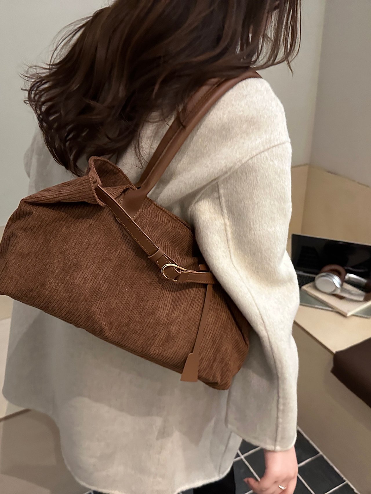 Coffee Brown Corduroy Tote Bag