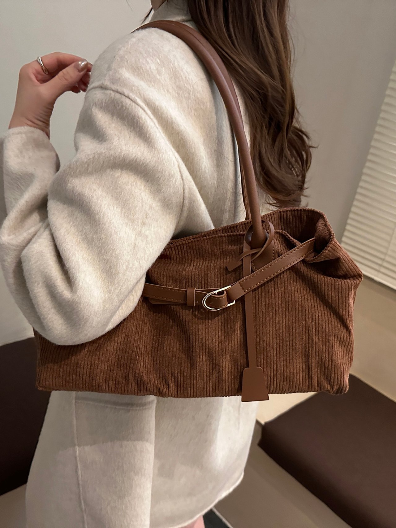 Coffee Brown Corduroy Tote Bag