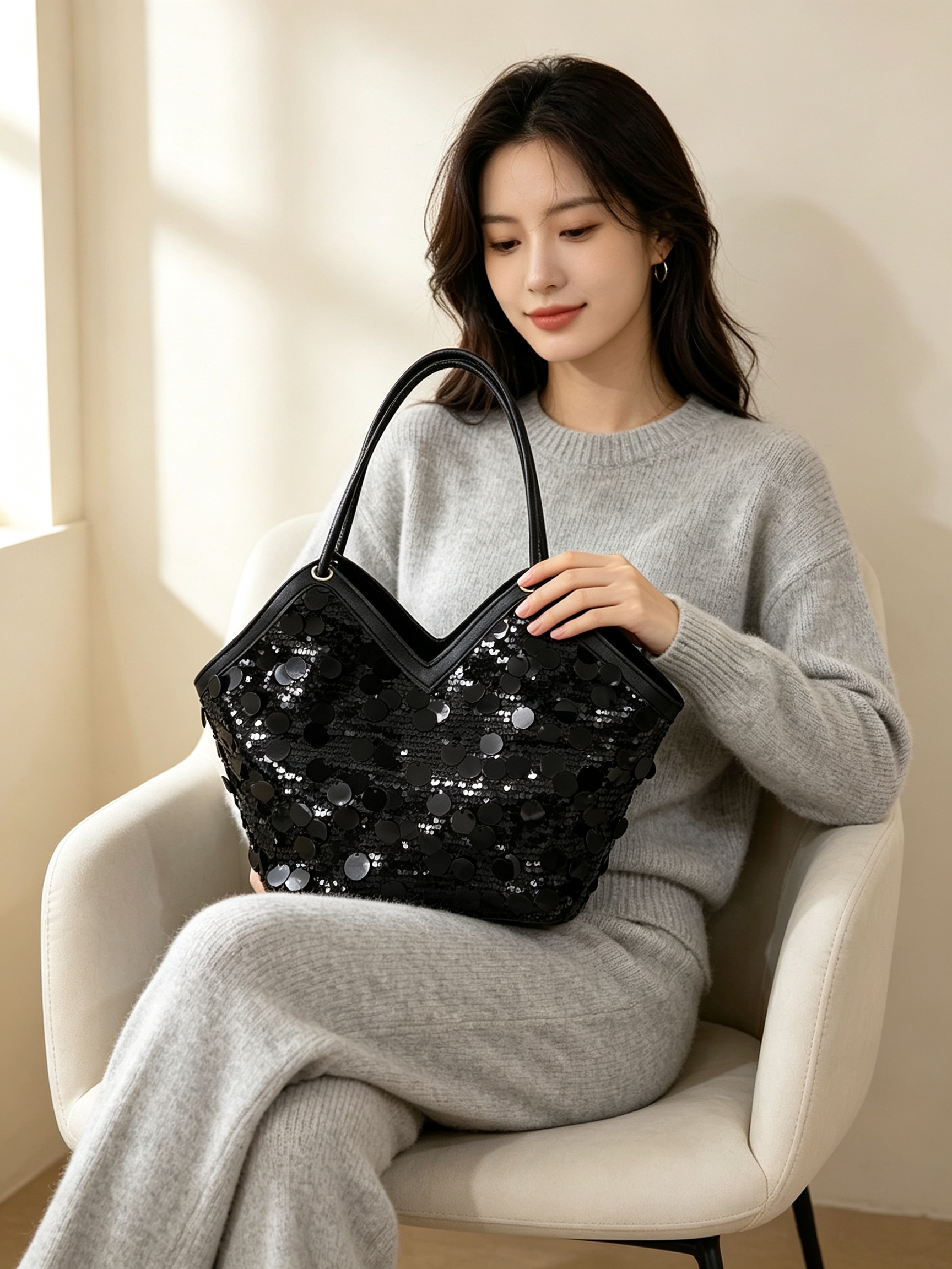 Black Sequin Tote Shoulder Bag